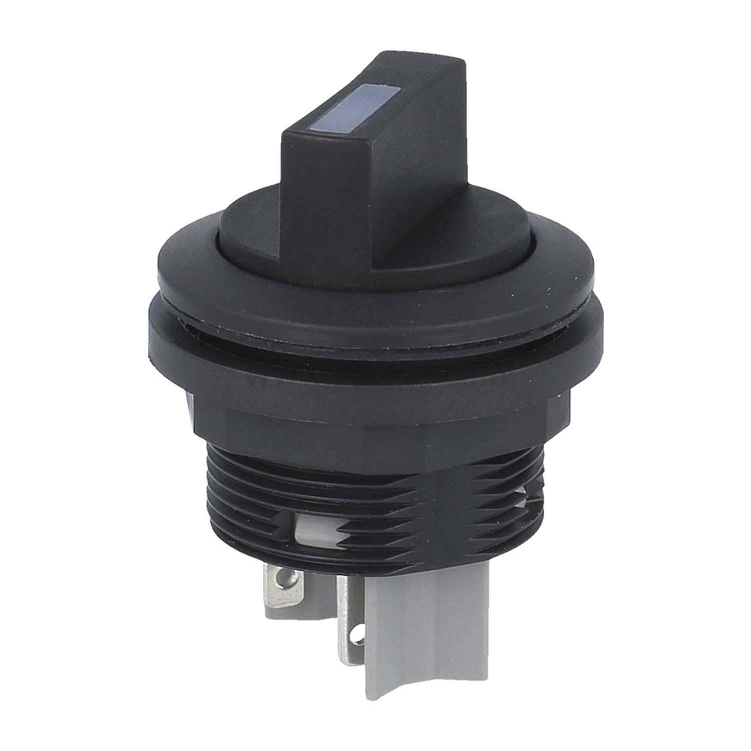 Ein schwarzer Kippschalter mit zwei Kontakten und einem vertikalen Hebel, geeignet für elektrische Geräte, von einem leicht schrägen Winkel aus betrachtet.