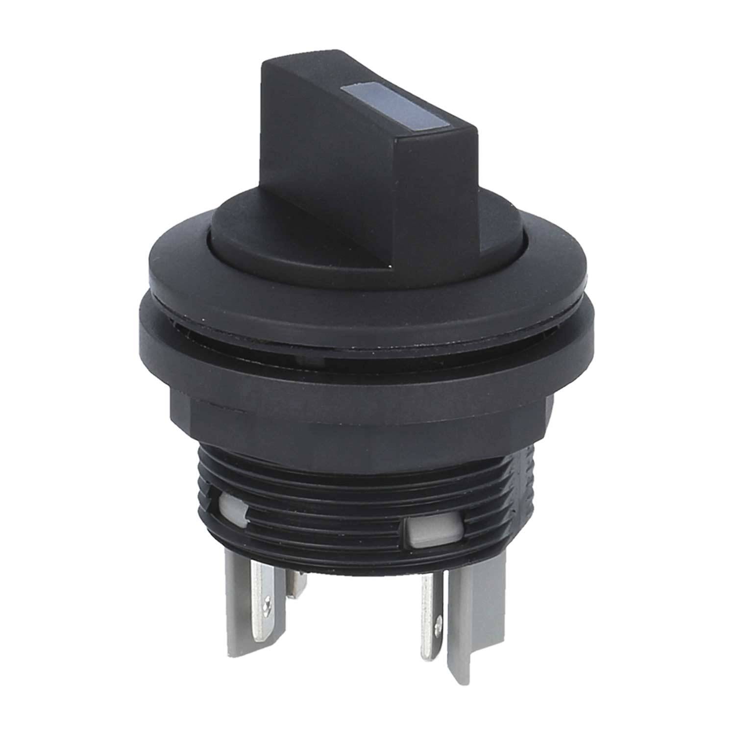 Ein schwarzer Drehschalter mit quadratischem Knopf und drei Metallzacken, der in elektronischen Geräten zur Auswahl von Betriebsmodi verwendet wird.