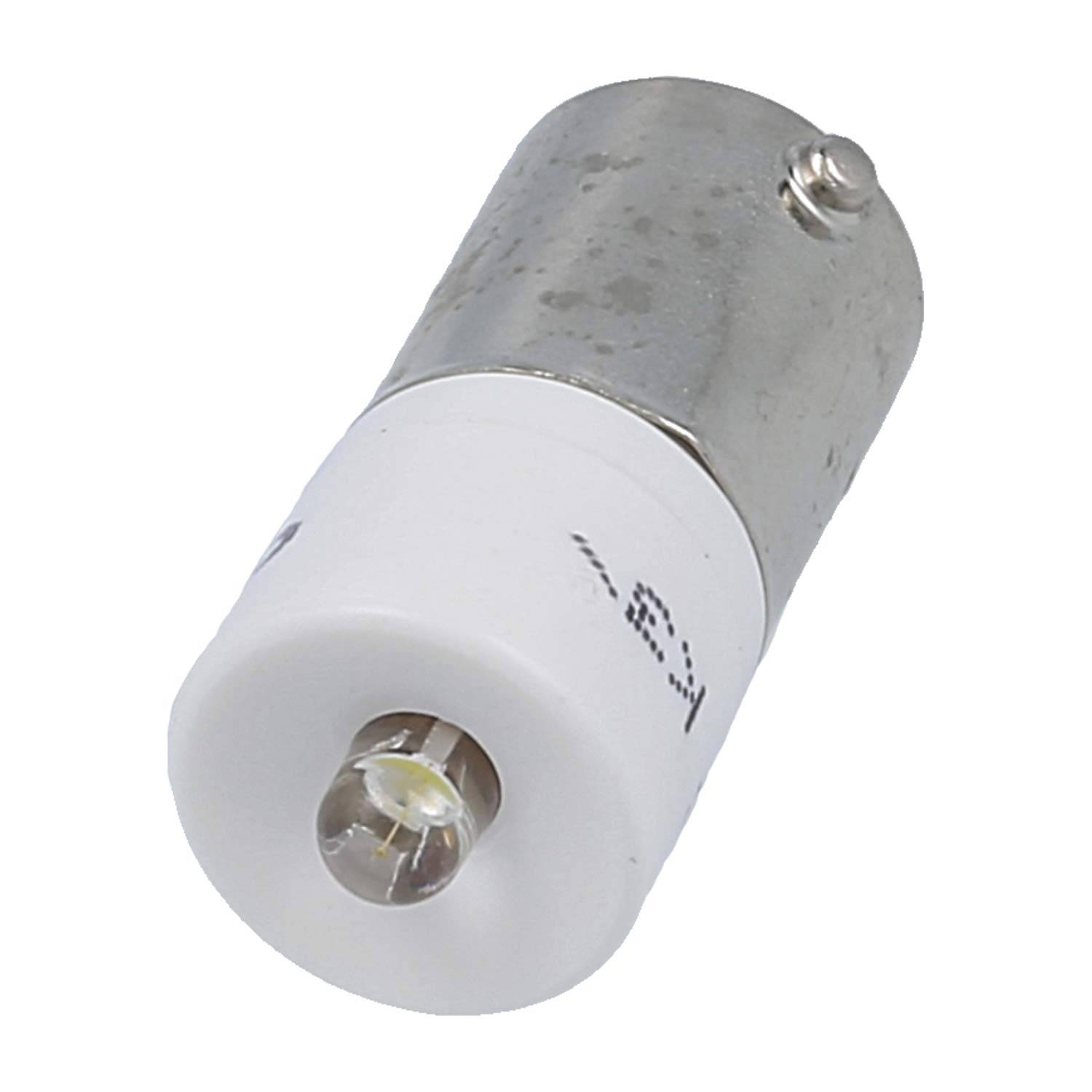 Eine kleine, weiße zylindrische LED-Glühbirne mit einer metallischen Basis, die häufig in Taschenlampen oder kleinen Geräten verwendet wird.