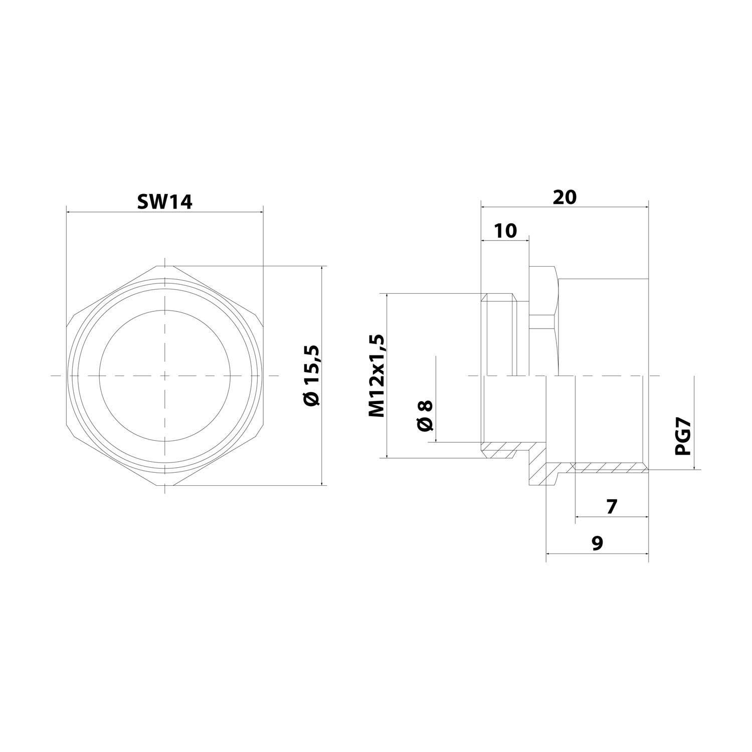 Technische Zeichnung eines Sechskantschraubenbolzens mit Maßangaben: SW14, Durchmesser 15,5 mm, M12x1,5-Gewinde und 20 mm Länge, mit Querschnittsdetails.