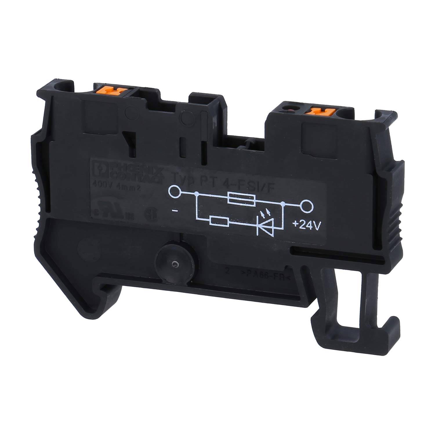 Phoenix Contact Sicherungsreihenklemme mit LED PT 4-FSI/F-LED24 mit Leuchtanzeige für 24 DC, 1,9 mA, Push-In-Anschluss