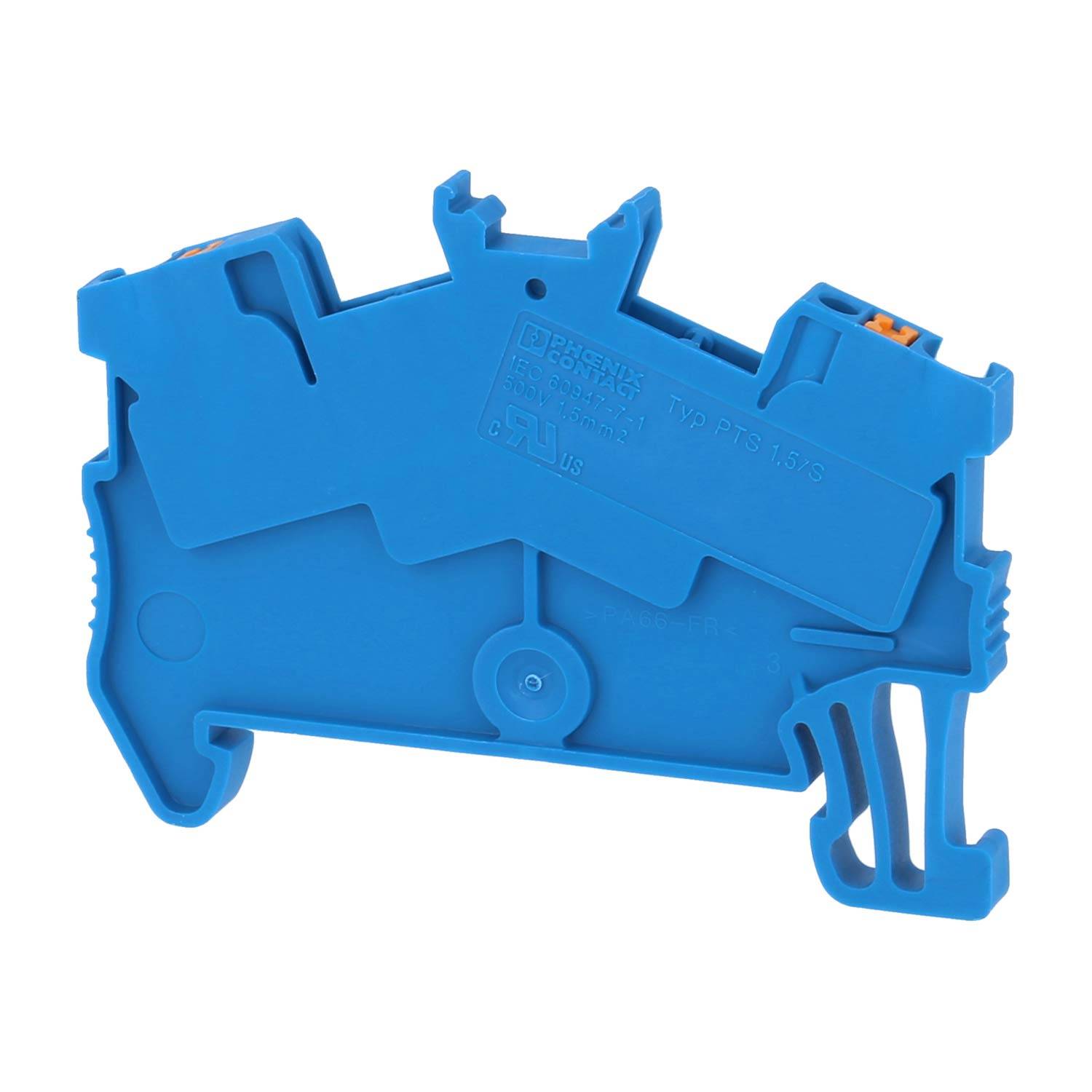 Ein blauer Kunststoff-Elektrostecker mit mehreren Schlitzen und integrierten Komponenten, der für Verdrahtungs- oder Schaltungsverbindungen verwendet wird.