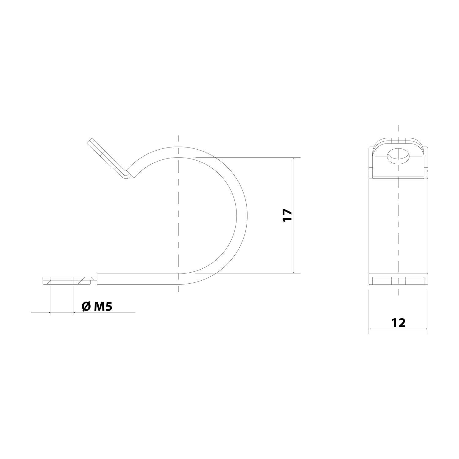 Technische Zeichnung eines Hakens mit Abmessungen. Der Haken hat eine Höhe von 17 Einheiten und eine Breite von 12 Einheiten. Durchmesser markiert als M5.