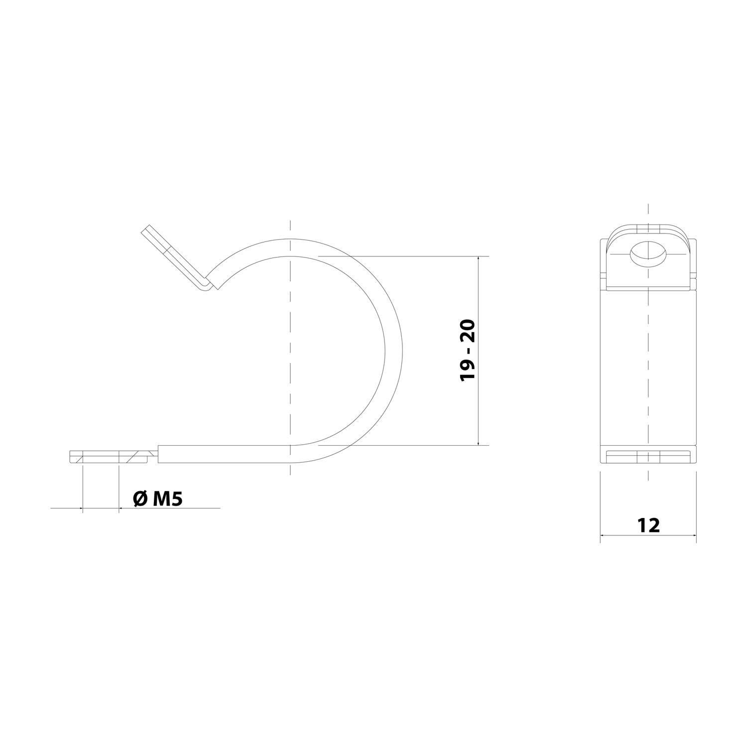 Technische Zeichnung einer Metallbandklammer. Seitenansicht zeigt Abmessungen: ØM5, Höhe 19-20. Draufsicht Breite: 12.