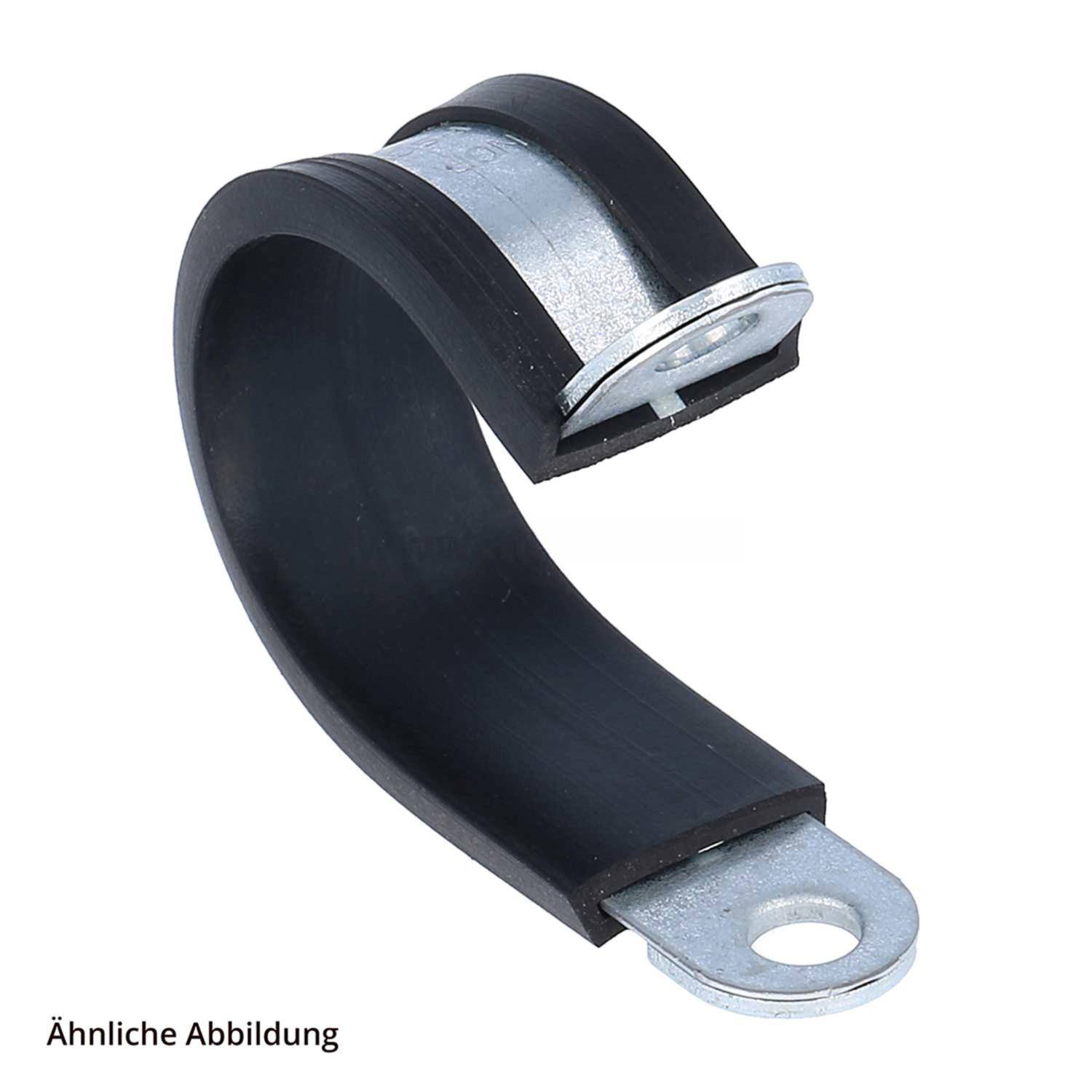 Eine Metallklammer mit Gummieinlage, die zum Sichern von Kabeln oder Rohren entwickelt wurde. Die Klammer hat eine Schleifenform mit einem Loch an einem Ende zur Montage.