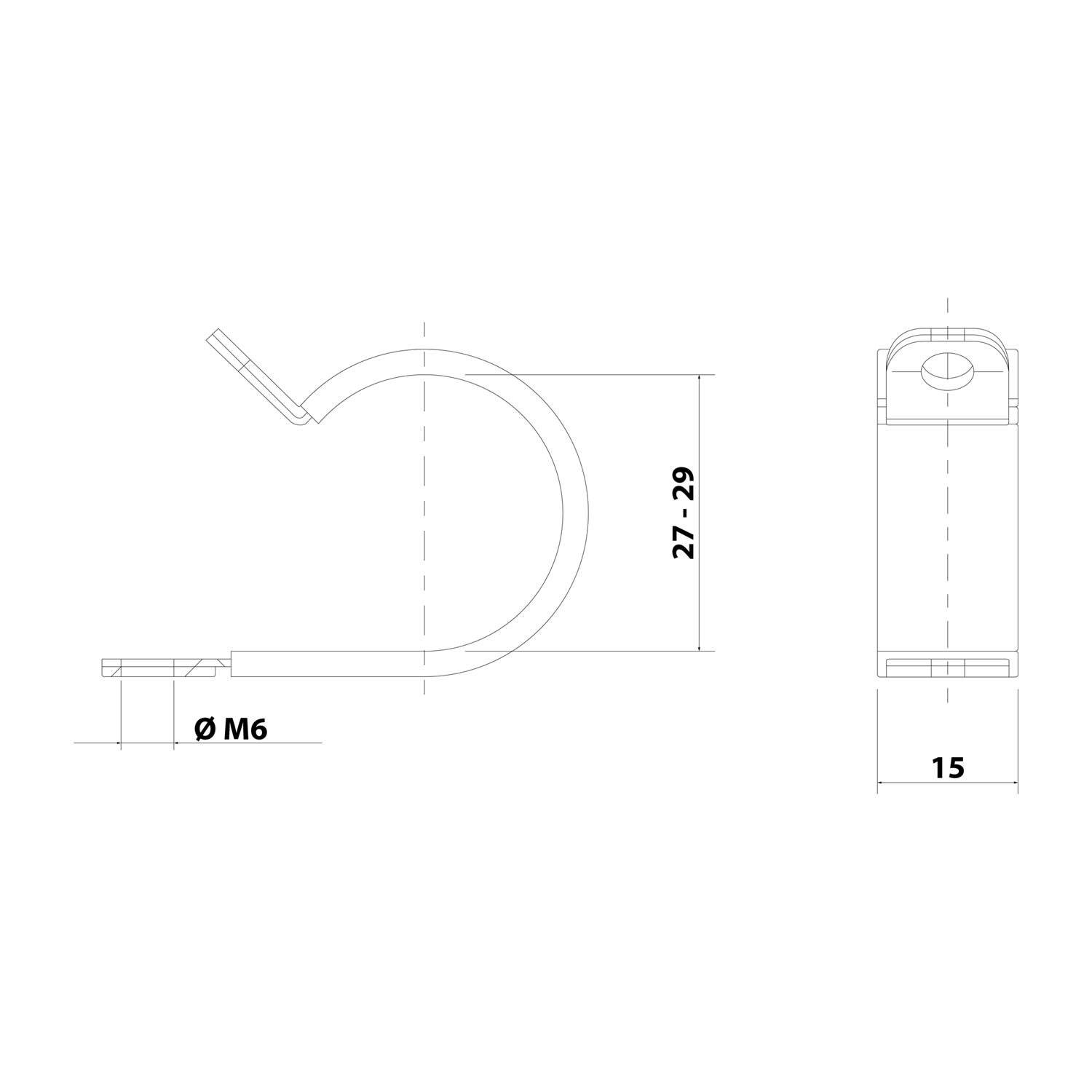 Eine technische Zeichnung eines hakenförmigen Metallbauteils mit der Kennzeichnung 'Ø M6', Breite '15' und Höhe '27-29'. Vorder- und Seitenansicht dargestellt.