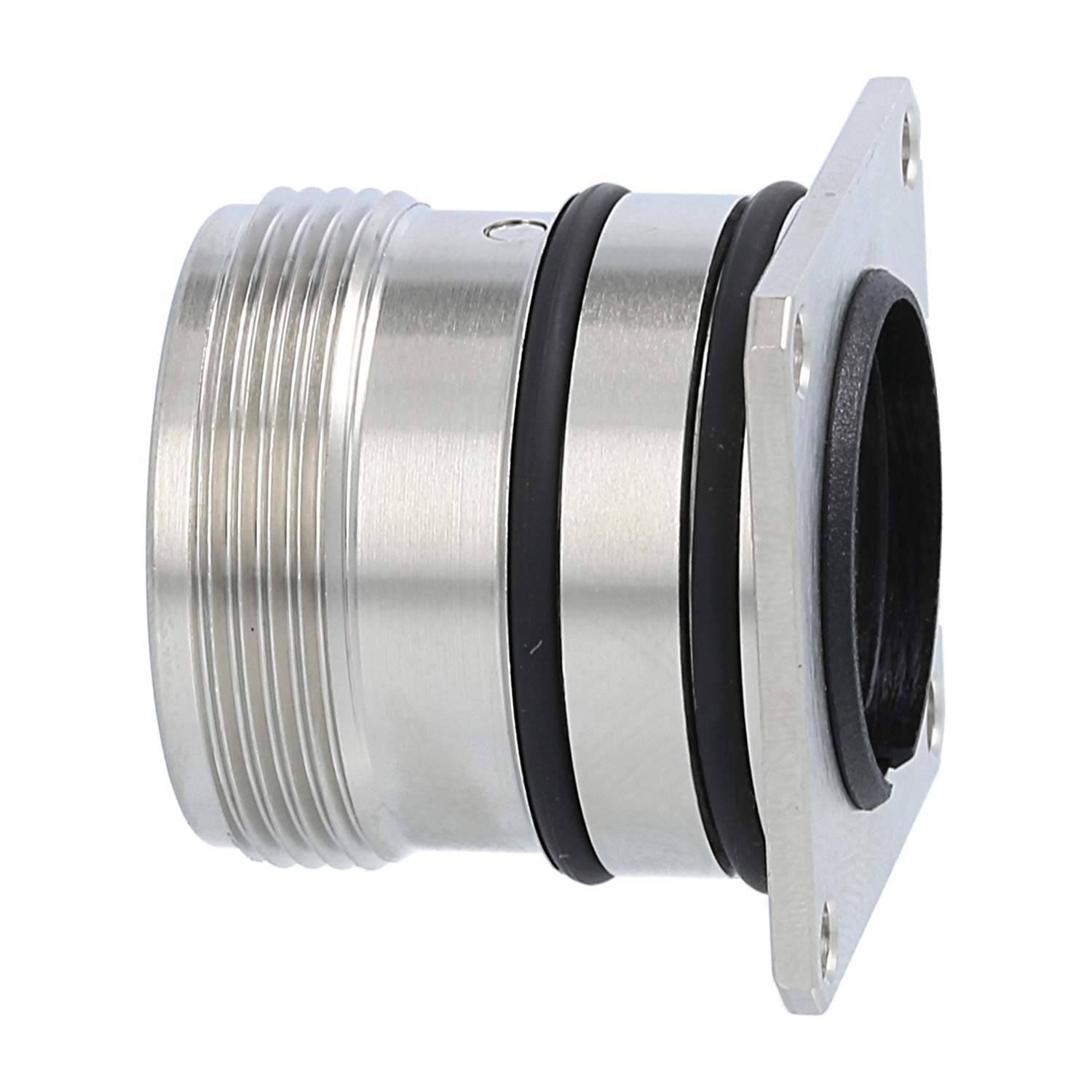 Metallischer zylindrischer Stecker mit zwei schwarzen O-Ringen und einem quadratischen Flansch, entwickelt für sichere Befestigung in industriellen Umgebungen.