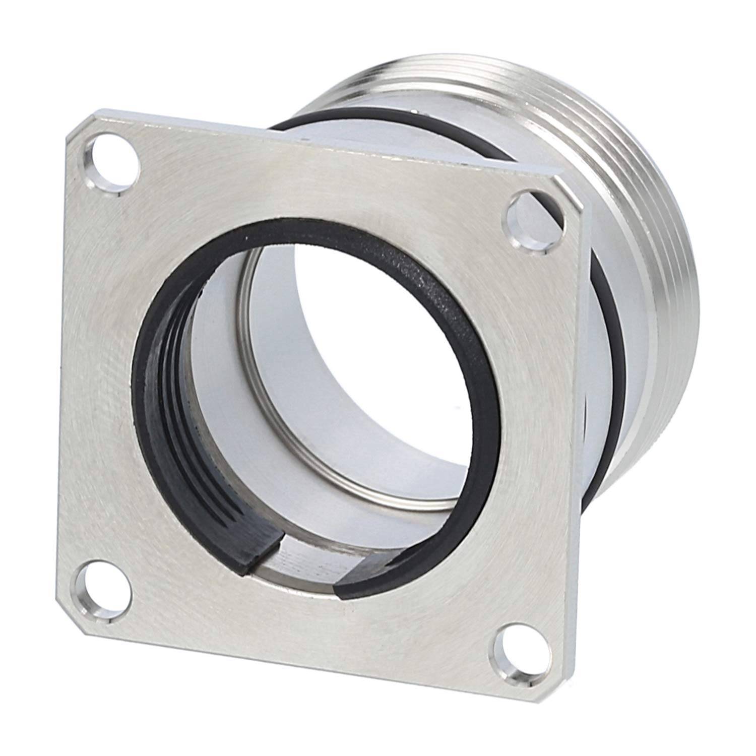 Ein metallisches mechanisches Dichtungssystem mit quadratischem Montageflansch, das zur Leckprävention ausgelegt ist, verfügt über eine kreisförmige Öffnung mit einem schwarzen inneren Ring.