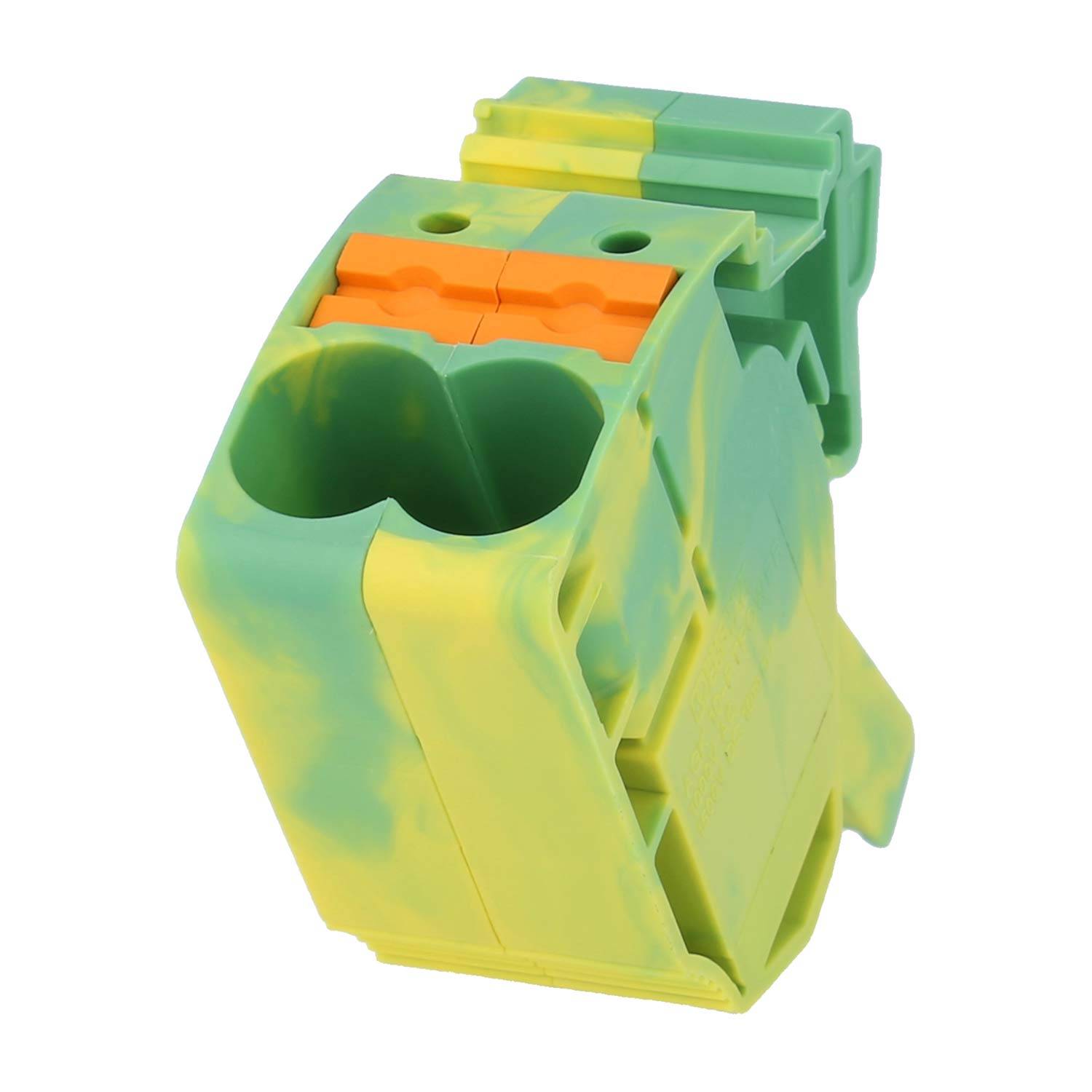 Ein grün und gelb gestreifter Druckklemmenblock mit zwei Öffnungen und einem orangefarbenen Hebelverschluss oben zum Sichern von Stromverbindungen.