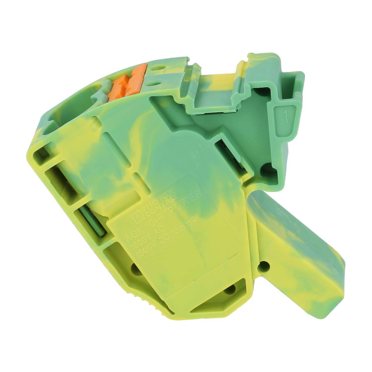 Ein grün-gelber Klemmblock mit mehreren Anschllusspunkten und einer beschrifteten Oberfläche, der für elektrische Verdrahtung und Schaltungsverbindungen verwendet wird.