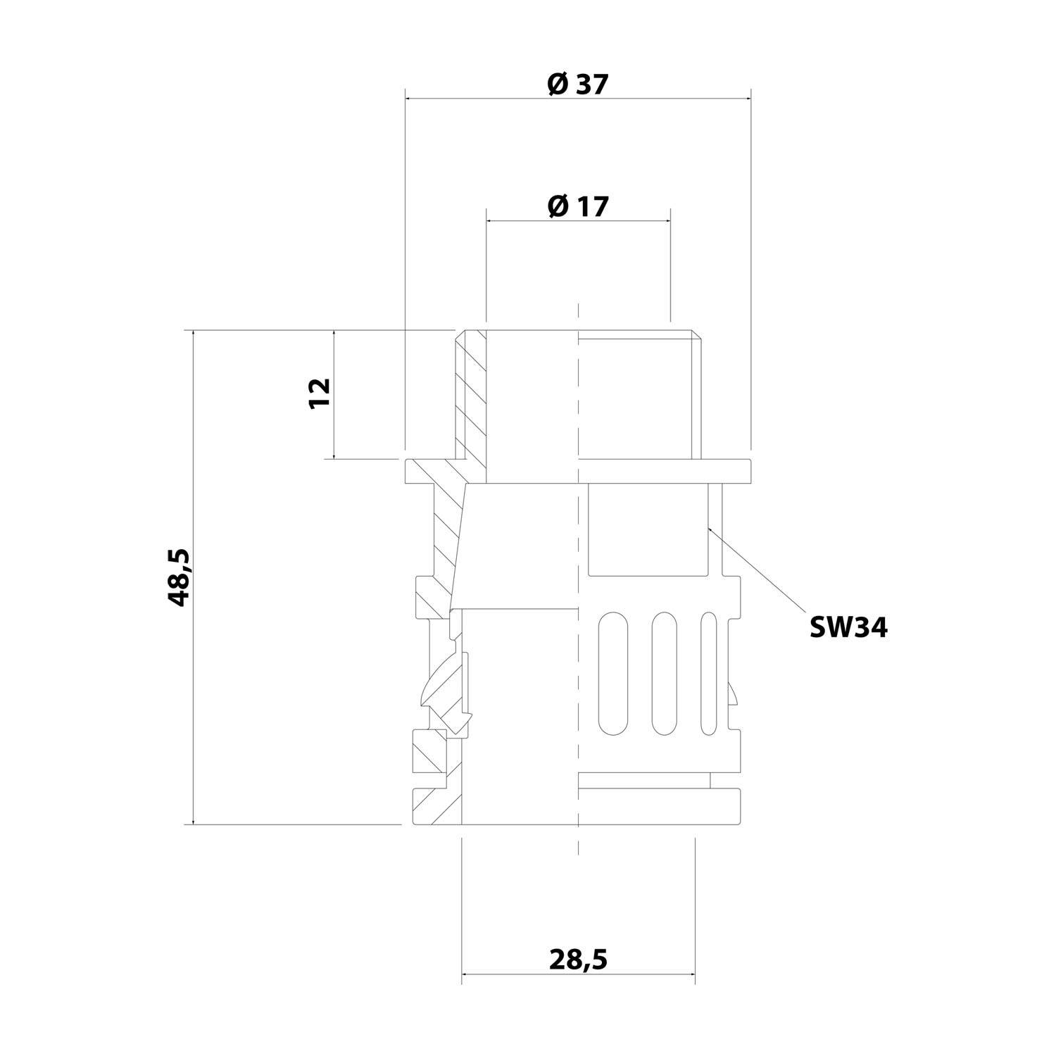 Ein technisches Diagramm eines zylindrischen Maschinenteils mit gekennzeichneten Abmessungen: Durchmesser 37, 17, Höhe 48,5, Breite 28,5, SW34.