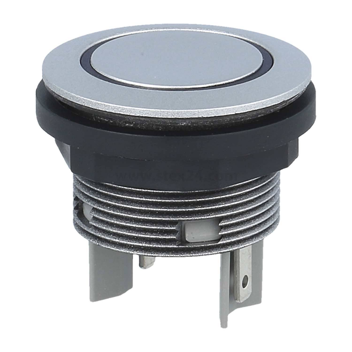 Ein Metall-Drucktaster mit runder Gestaltung, versehen mit einem hervorstechenden runden Knopf oben und einem silbernen verschraubten Gehäuse darunter.
