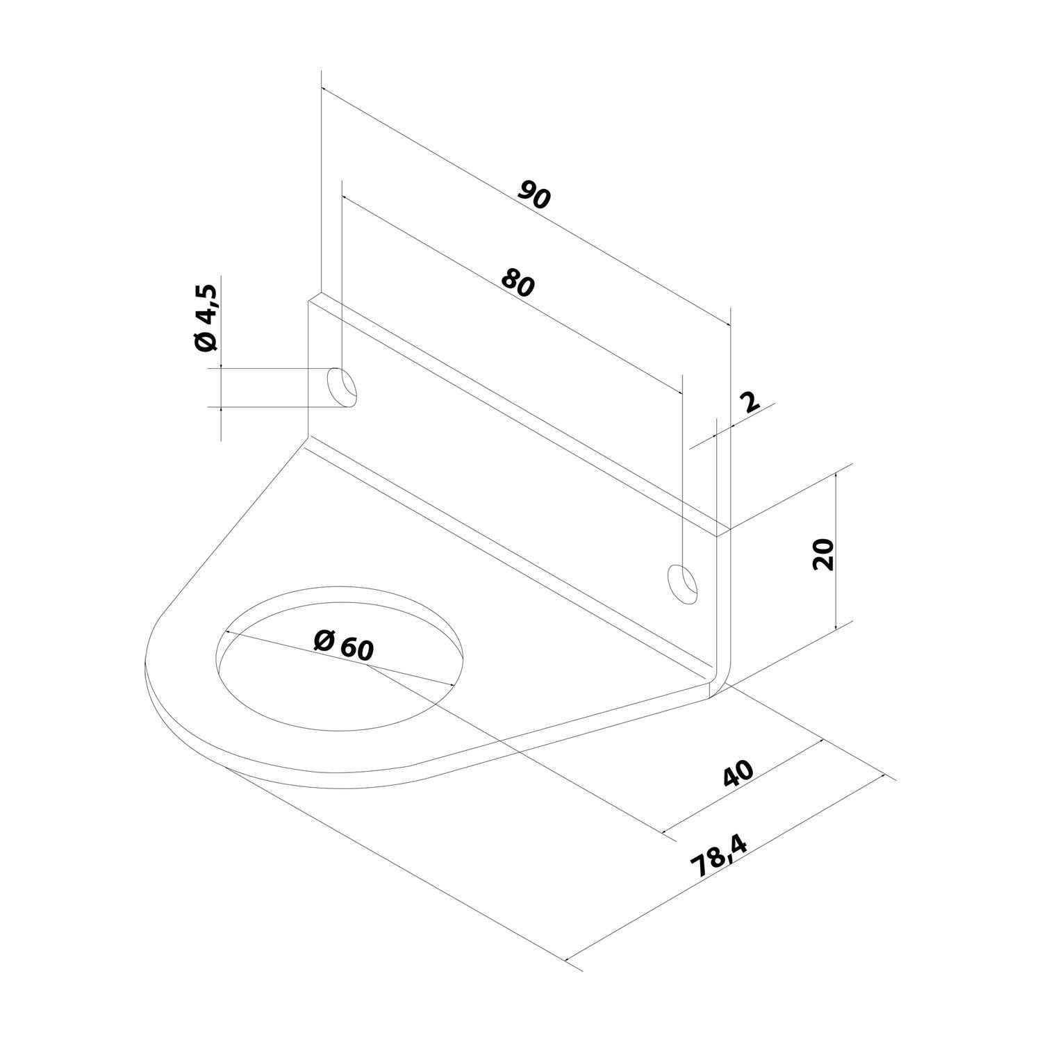 Diagramm einer Klammer mit Abmessungen: 90 mm Breite, 80 mm innere Breite, 40 mm Armlänge, 78,4 mm Basislänge, 60 mm Lochdurchmesser, 20 mm Höhe, 2 mm Dicke und 4,5 mm Schraubenllochdurchmesser.