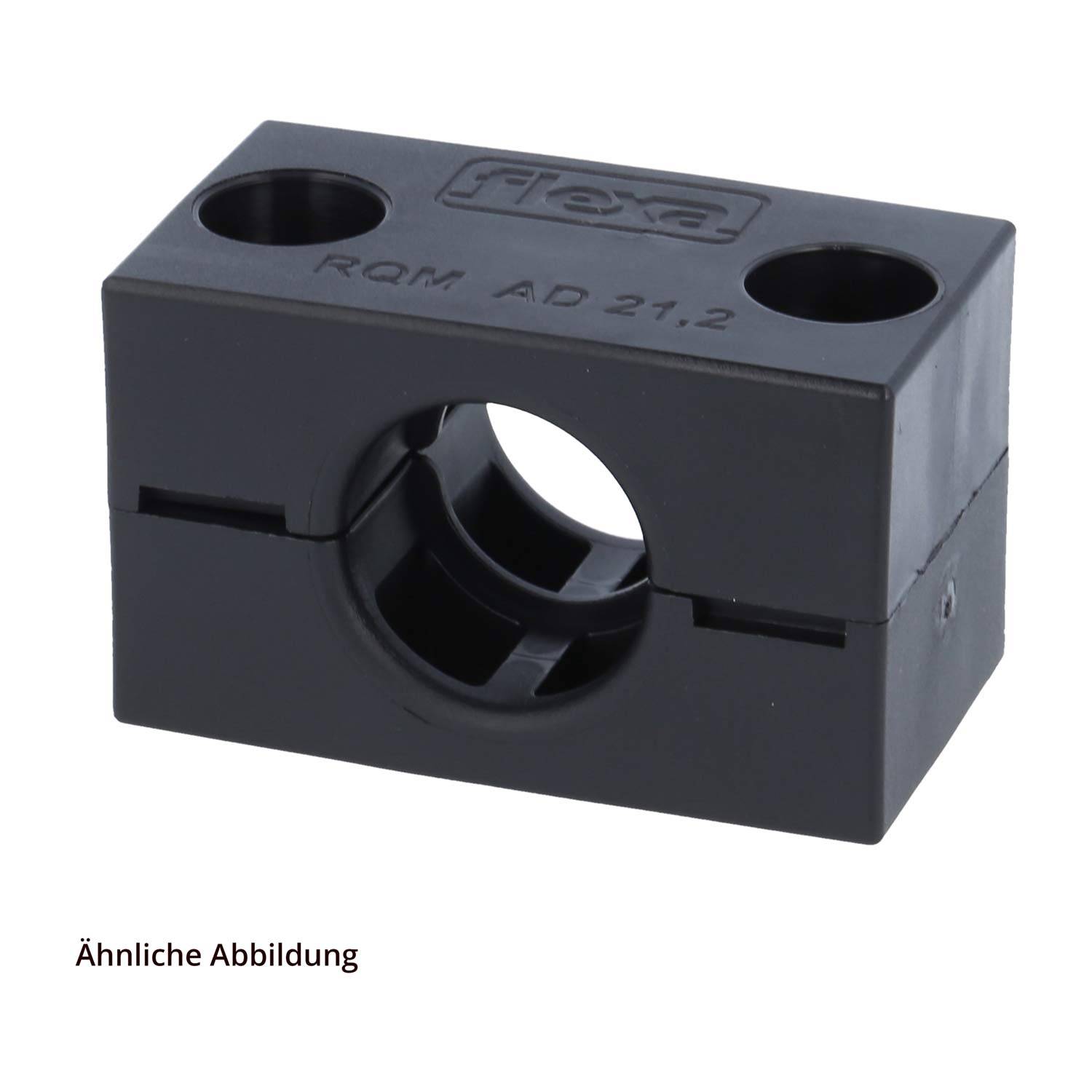 Ein schwarzer zylindrischer Adapter mit gewindeltem Ende, wahrscheinlich für Sanitär- oder Elektrozwecke verwendet. Deutscher Text „Ähnliche Abbildung