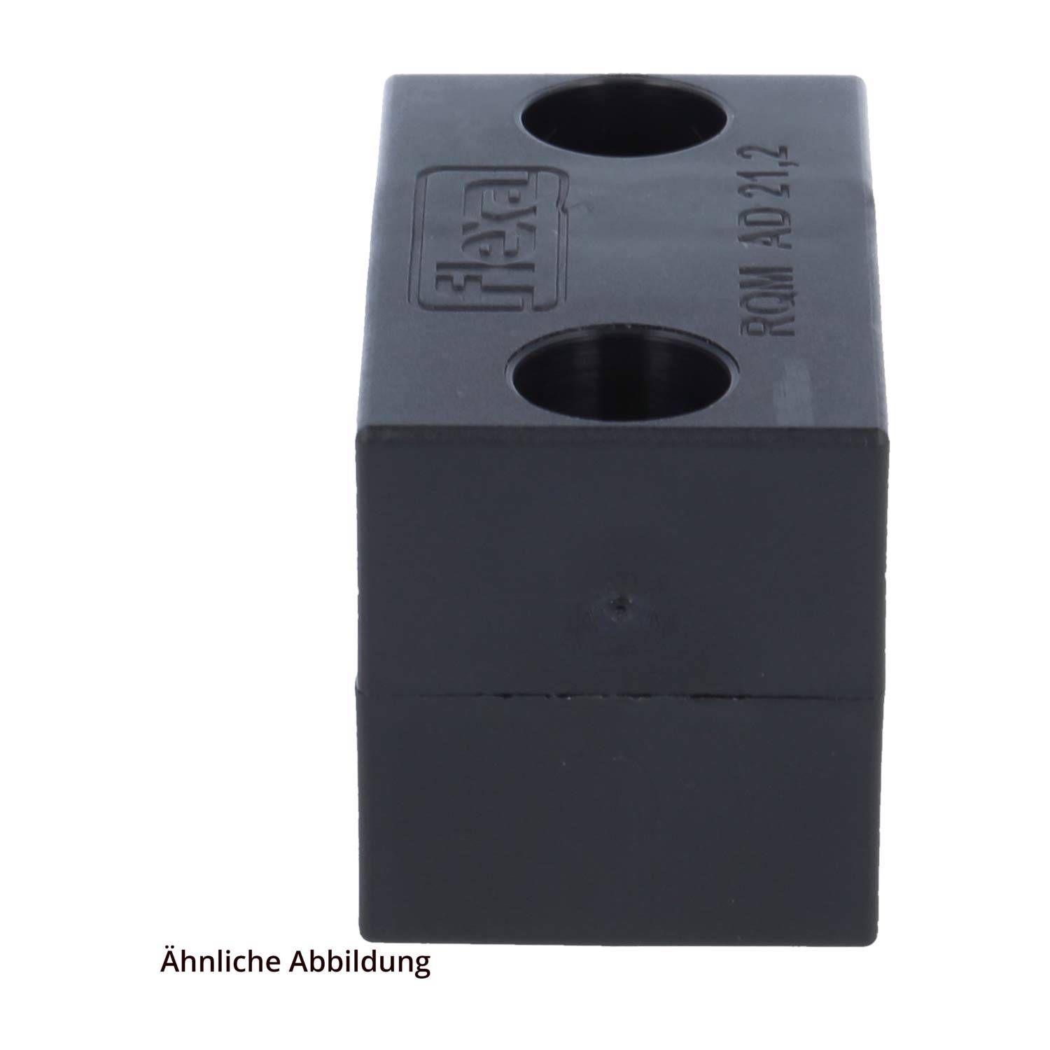 Schwarzer, rechteckiger Kabeleinführungsblock mit zwei runden Öffnungen oben und der Aufschrift „RKM AD 21-2