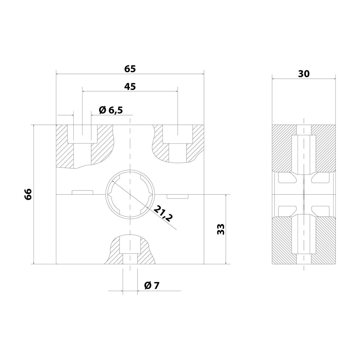 Technische Zeichnung mit einem rechteckigen Bauteil mit genauen Abmessungen und zylindrischen Bohrungen, beschriftet in Millimetern.