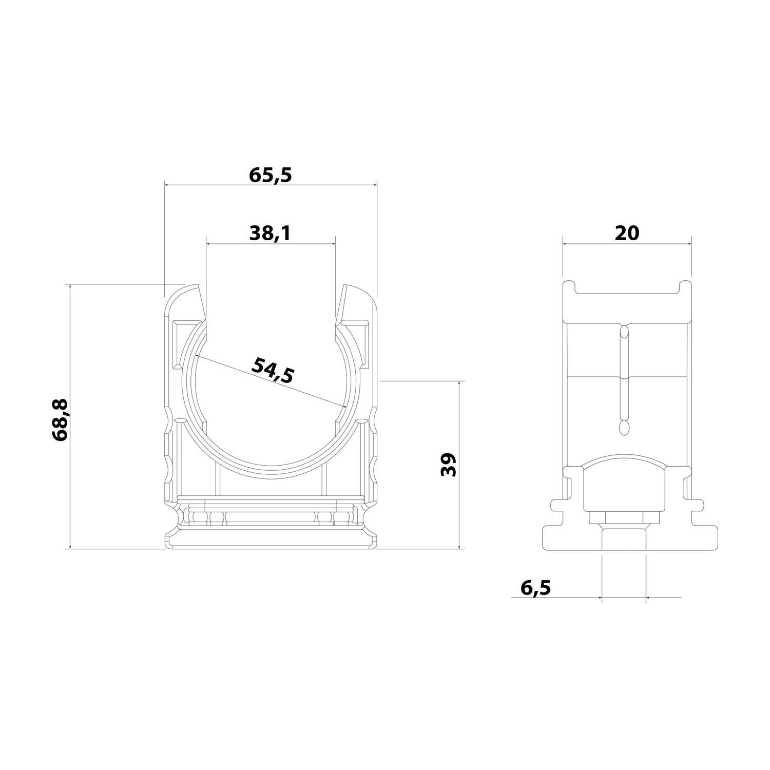 Technische Zeichnung eines Bauteils mit Abmessungen: 65,5 mal 68,8 horizontal und vertikal; innere Durchmesser 38,1 und 54,5, vertikal 20.