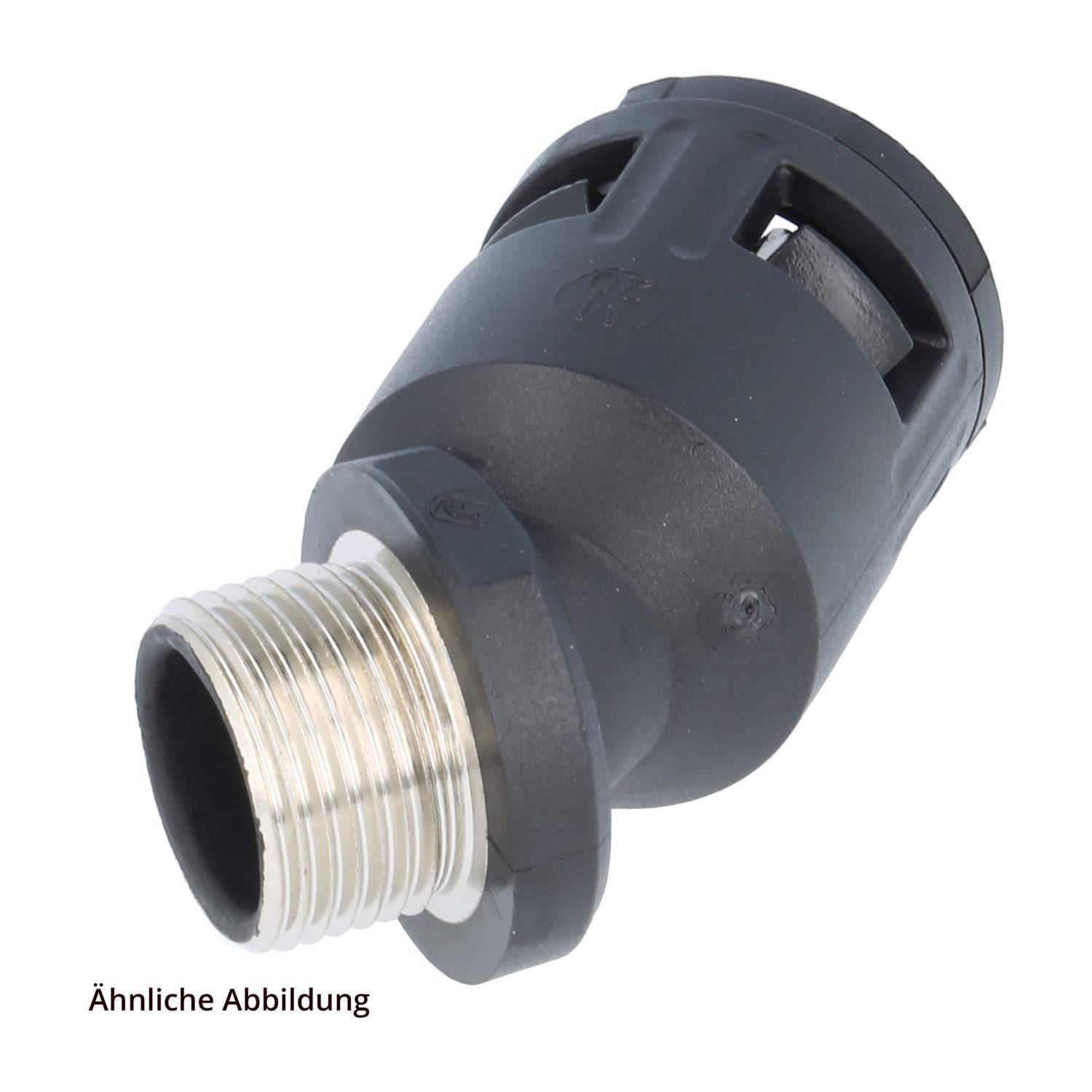 Ein zylindrischer schwarzer Stecker mit metallischem Gewinde, gekennzeichnet mit „AD 21-2