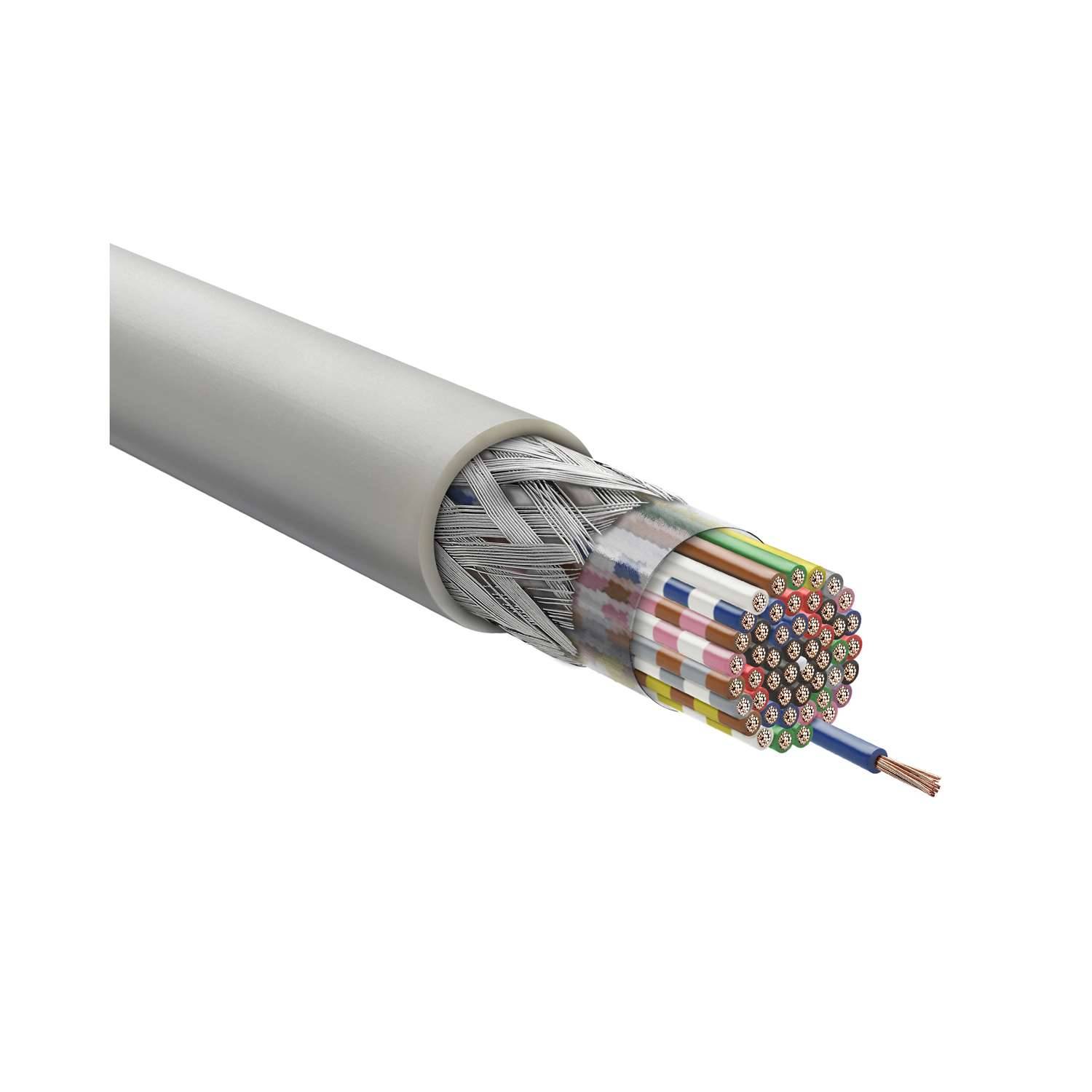 Ein Querschnitt eines mehradrigen Kabels, das verschiedenfarbige Drähte zeigt, die zusammengebündelt sind und von einer Schutzschicht umgeben sind.