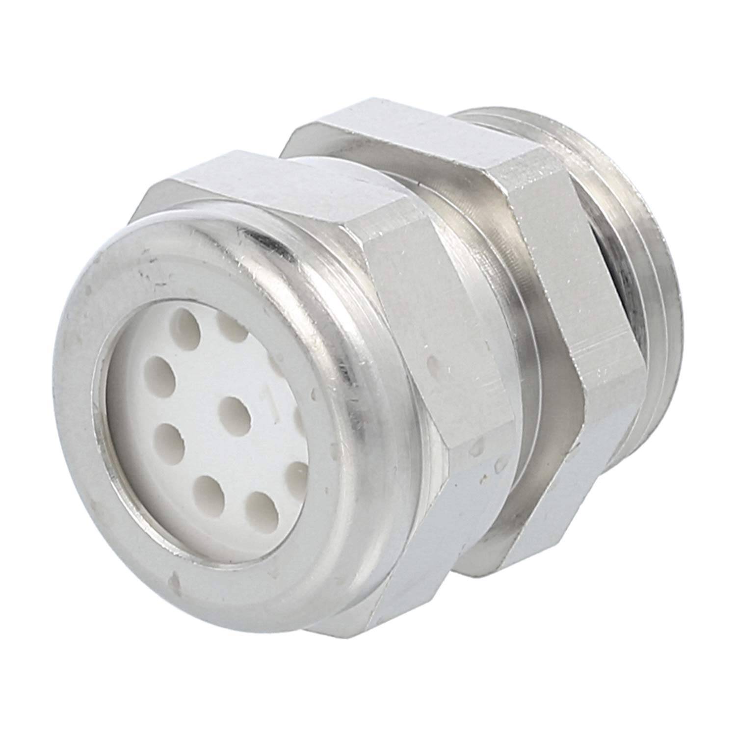 Ein Metallstecker mit kreisförmigem Design und acht Stiftlöchern, der in elektronischen oder mechanischen Systemen für sichere Verbindungen verwendet wird.