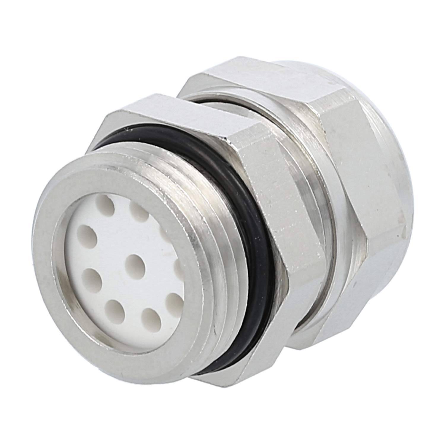 Ein metallischer runder Stecker mit einem Gewinde an der Außenseite und mehreren kleinen runden Löchern an der Vorderseite für Stifte, verwendet für elektrische Verbindungen.