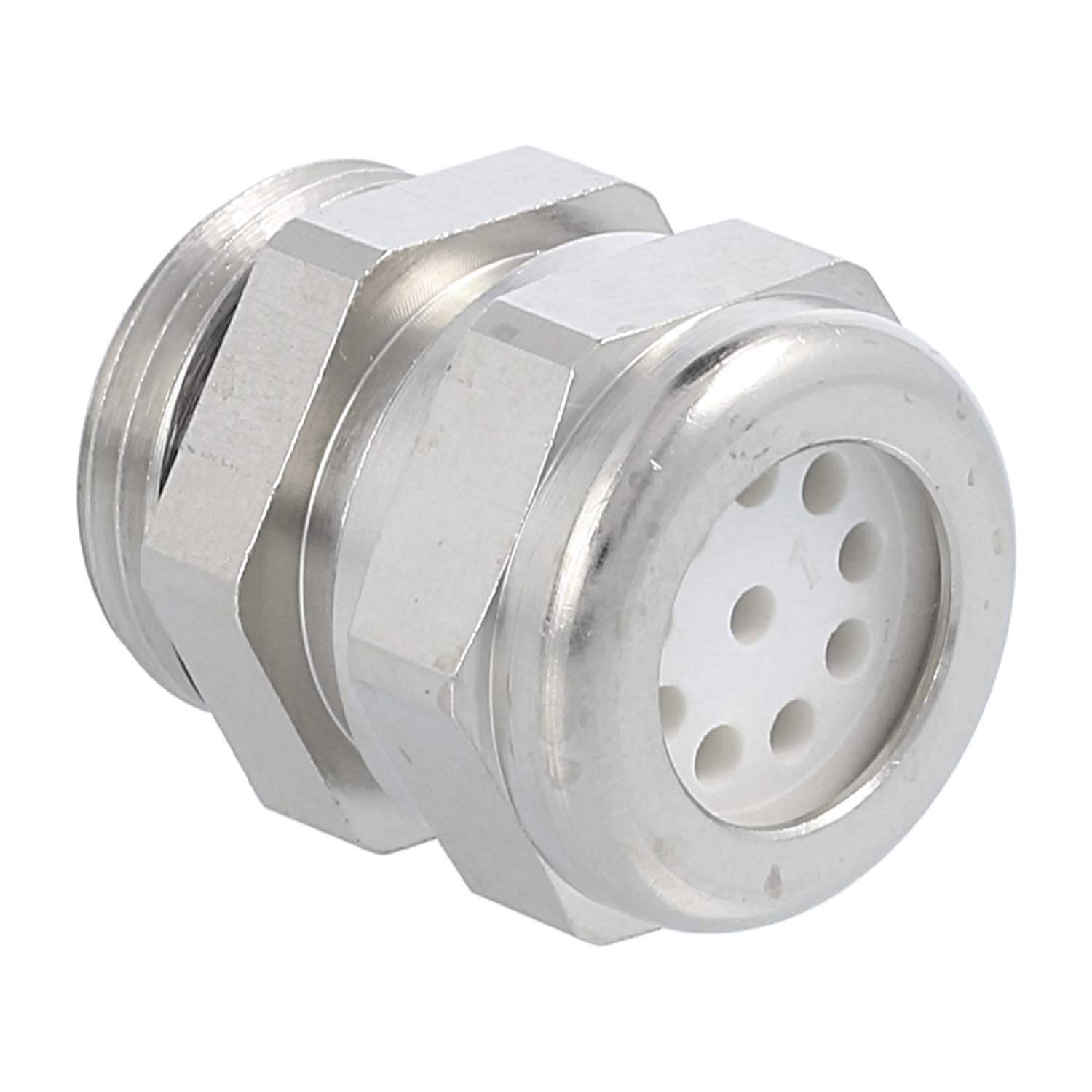 Ein metallischer zylindrischer Stecker mit einem sechseckigen Anzugende und einer weißen kreisförmigen Fläche mit sechs Löchern, die für elektrische Verbindungen verwendet wird.