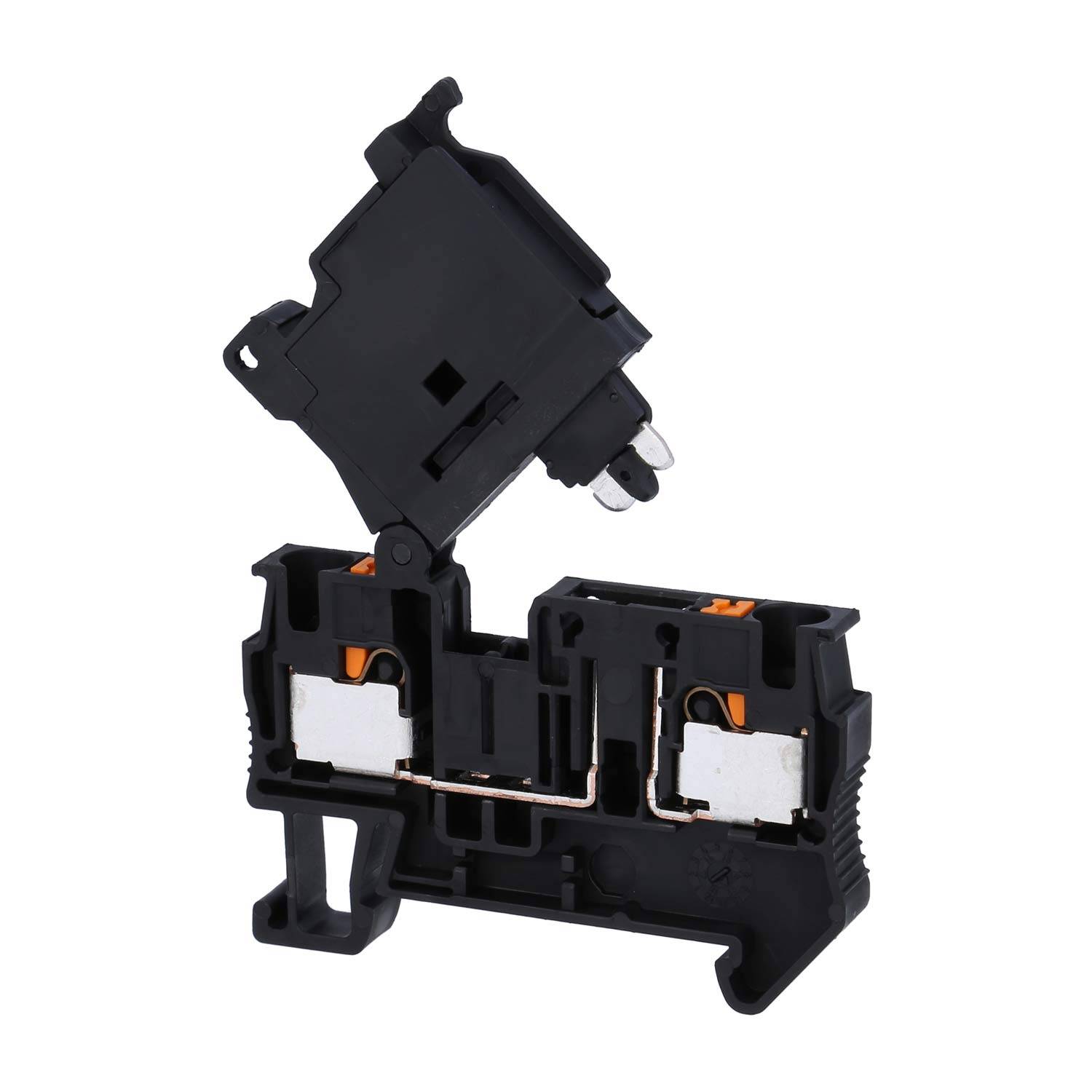 Ein schwarzes, modulares Elektroklemmenbrett mit zwei verbundenen Ebenen, das interne Metallkomponenten zum Verdrahten zeigt.