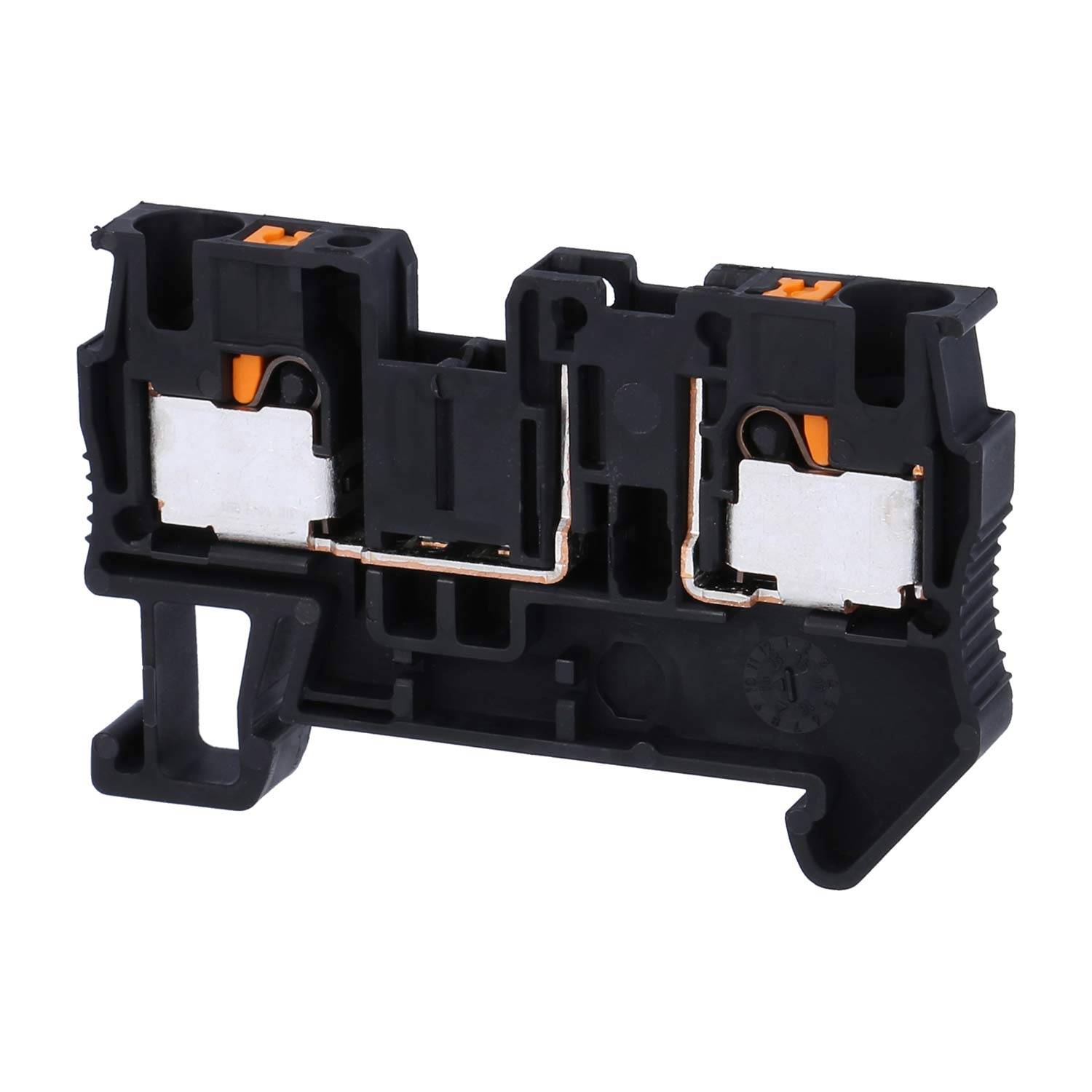 Ein schwarz-oranges Schraubklemmenverbinder mit zwei Verbindungspunkten für elektrische Verkabelung, die die internen Kupferverbindungswege zeigt.