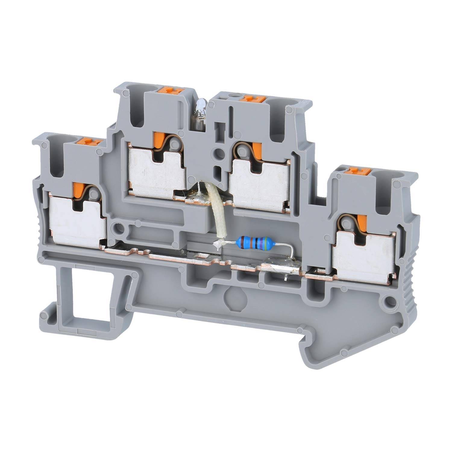 Ein grauer Klemmleistenblock mit internen Komponenten, einschließlich eines blauen Widerstands und Metallverbindern, konzipiert für Elektrokontrollfelder.