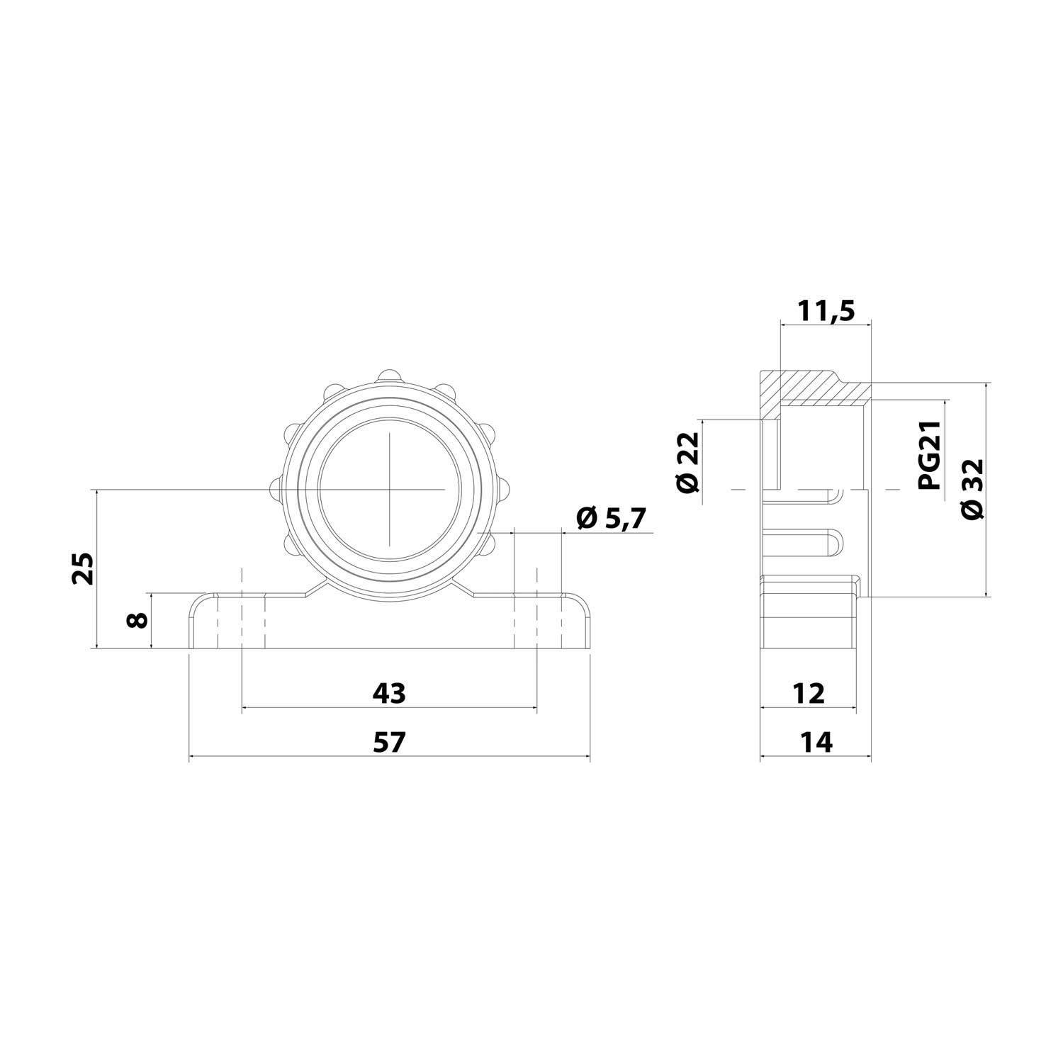 10315000021 FLEXA FVBW Befestigungswinkel mit Gewinde PG21x1,588 für PG21 Schlauchverschraubungen Anschraubloch 43,0mm