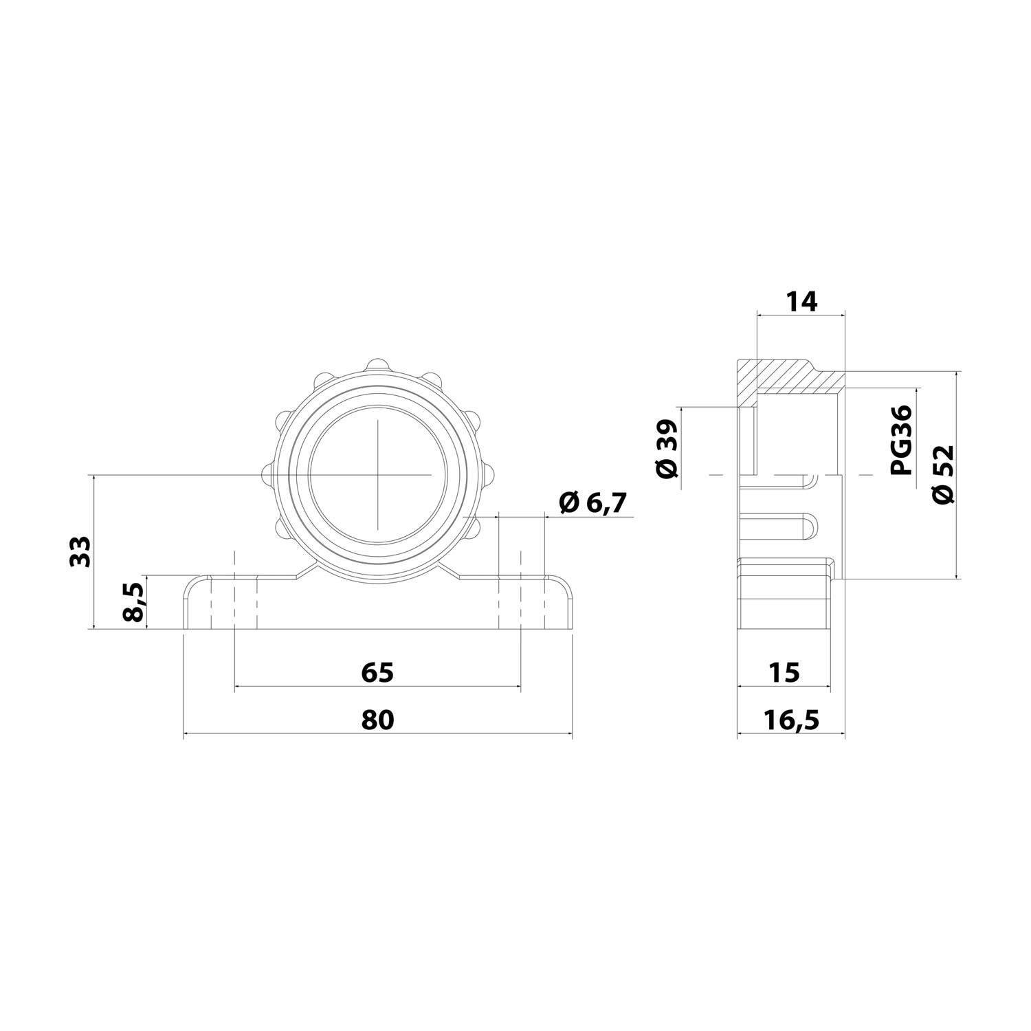 Technische Zeichnung eines kreisförmigen mechanischen Bauteils mit Seiten- und Frontansicht. Angegebene Abmessungen umfassen einen Durchmesser von 6,7, eine Länge von 80 und eine Höhe von 33.