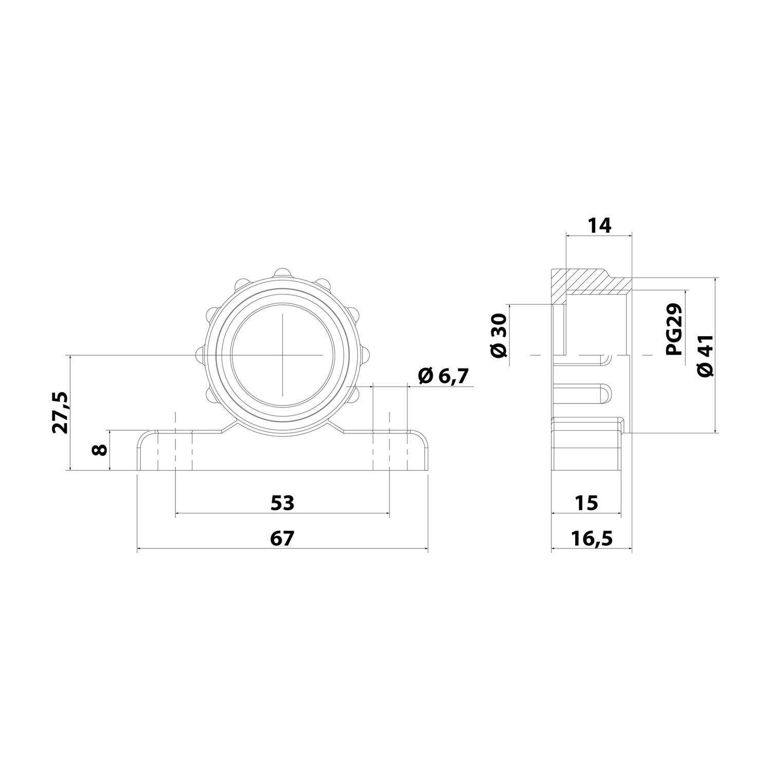 Technische Zeichnung einer mechanischen Komponente mit Abmessungen; Merkmale umfassen einen Durchmesser von 6,7 mm, eine Höhe von 27,5 mm und eine Breite von 67 mm.