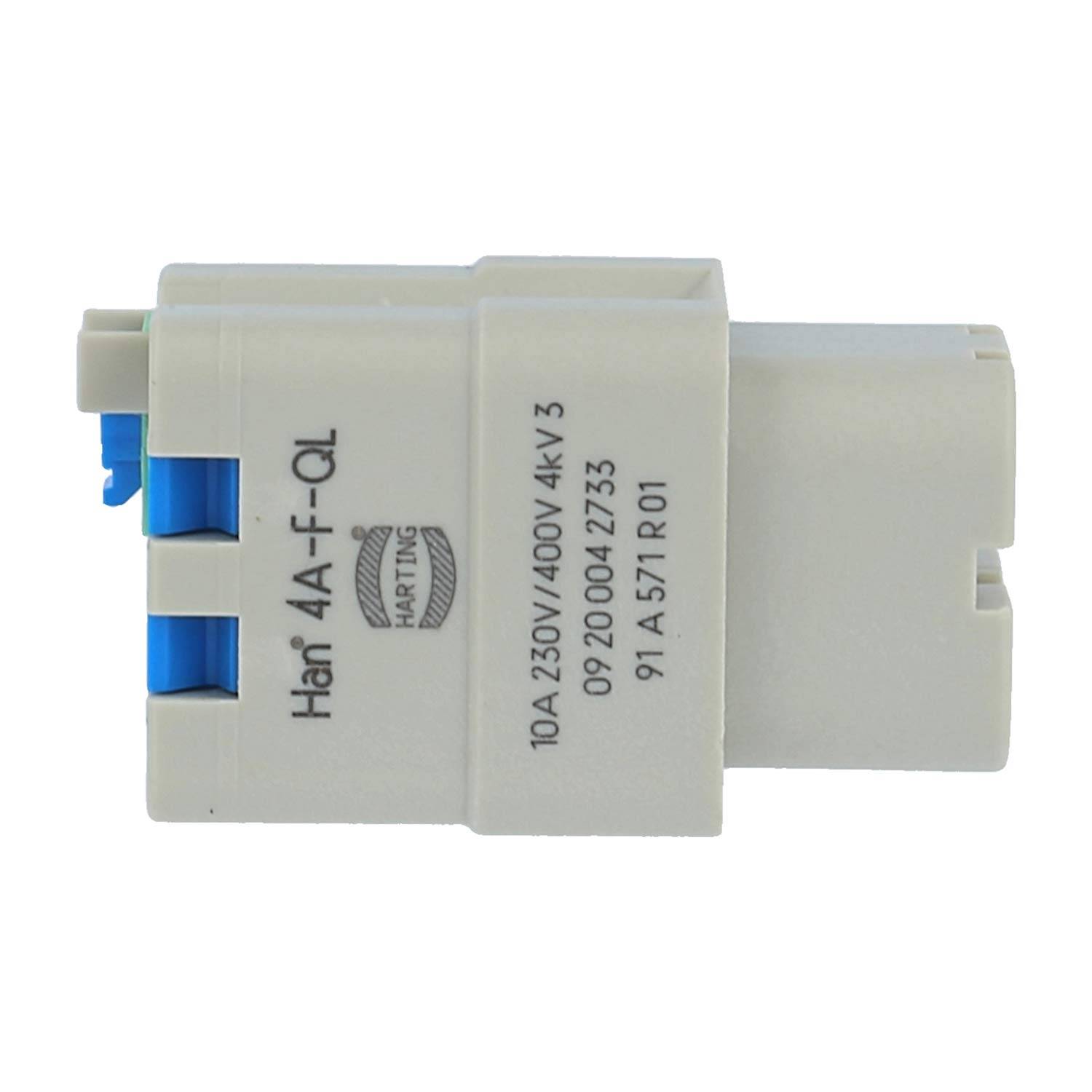 Eine Nahaufnahme eines Harting Han 4A-F-QL Elektroverbinders, der seine Spezifikationen für 10A, 230V, 4kV sowie Herstellungsdetails zeigt.