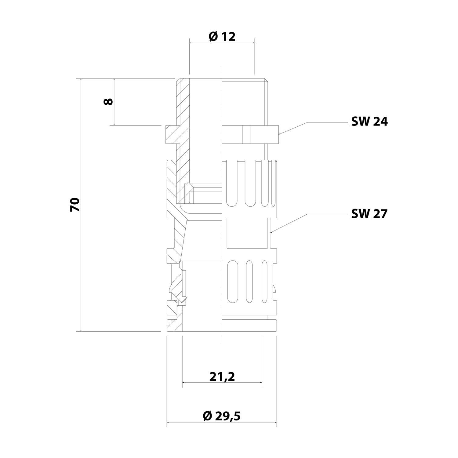 Technische Zeichnung einer zylindrischen Komponente mit Abmessungen: 70 mm Höhe, 29,5 mm Durchmesser und Abschnitte mit den Bezeichnungen SW 24 und SW 27.