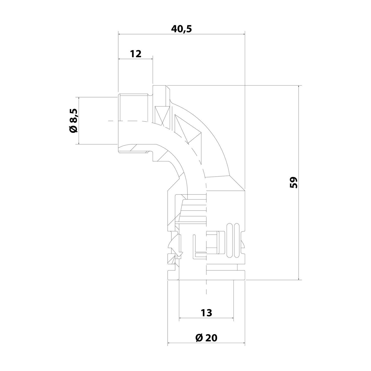 Technisches Schaubild eines Rohrverbinders. Abmessungen gekennzeichnet: Gesamthöhe 59mm, Hauptdurchmesser 20mm, kleinere Abschnitte 8,5mm und 12mm.