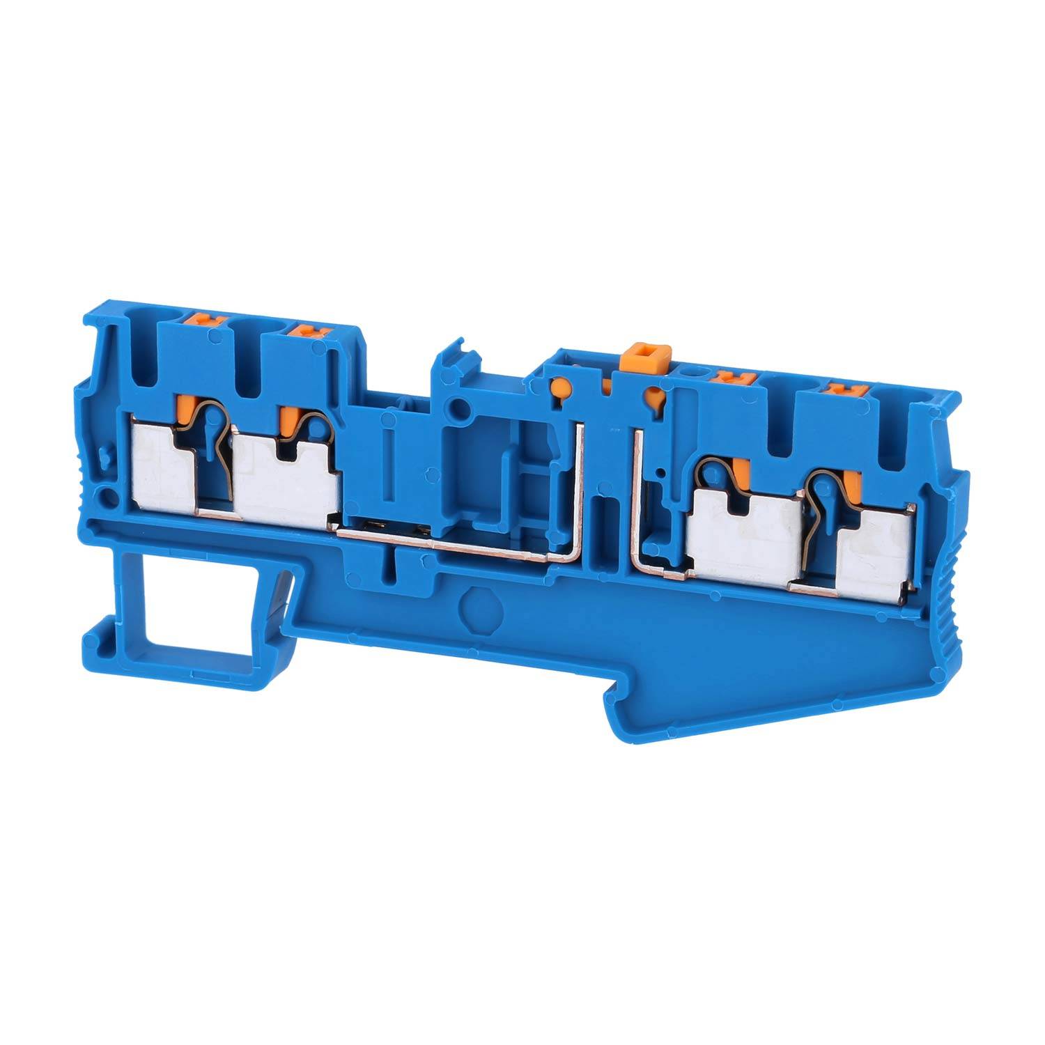 Ein blauer zweistöckiger Klemmblock mit orangen Steckkonnektoren, konzipiert für elektrische Installationen, mit Schlitzen für Drahtverbindungen.