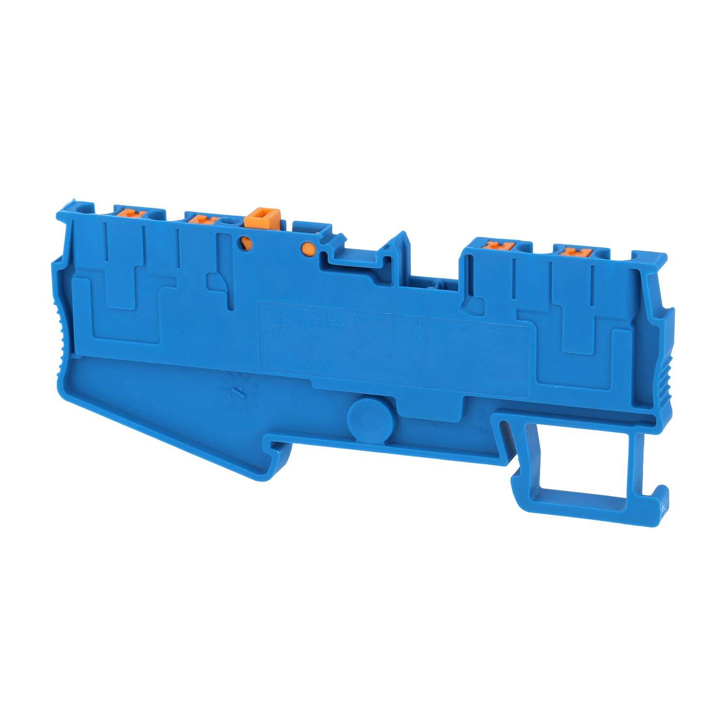 Ein blauer Kunststoff-Klemmblock mit mehreren orangefarbenen Anschlüssen, entwickelt für sichere Drahtverbindungen in Elektrosystemen.