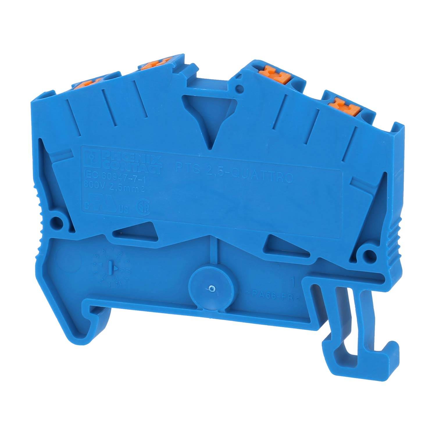 Ein blaues Industrie-Klemmleistenblock mit orangefarbenen Steckverbindern, entwickelt für Elektrokabelanwendungen, mit seitlicher Montagehacke.