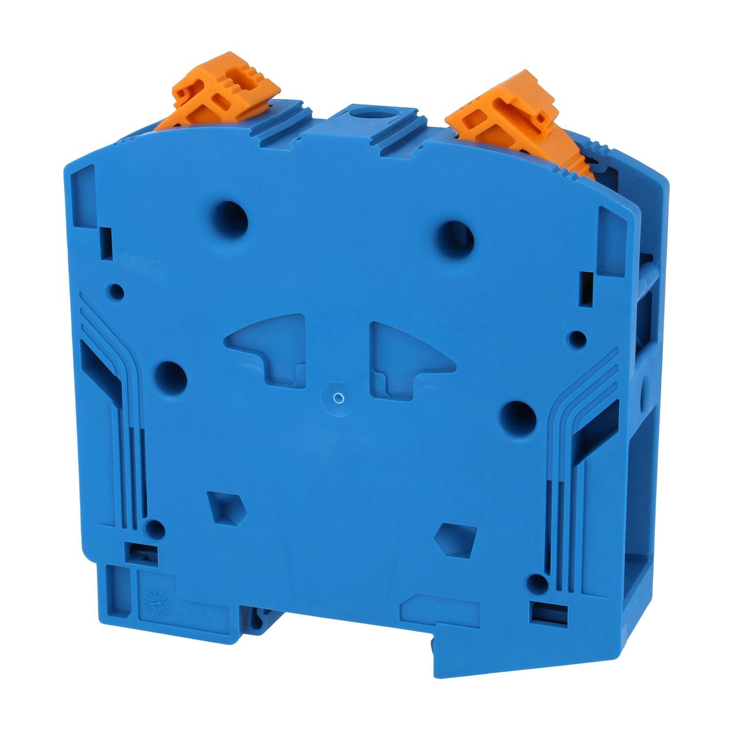 Ein blauer Elektrik-Klemmblock mit zwei orangefarbenen Steckverbindern oben zum Anschließen von Elektrokabeln, verwendet in elektrischen Installationen.