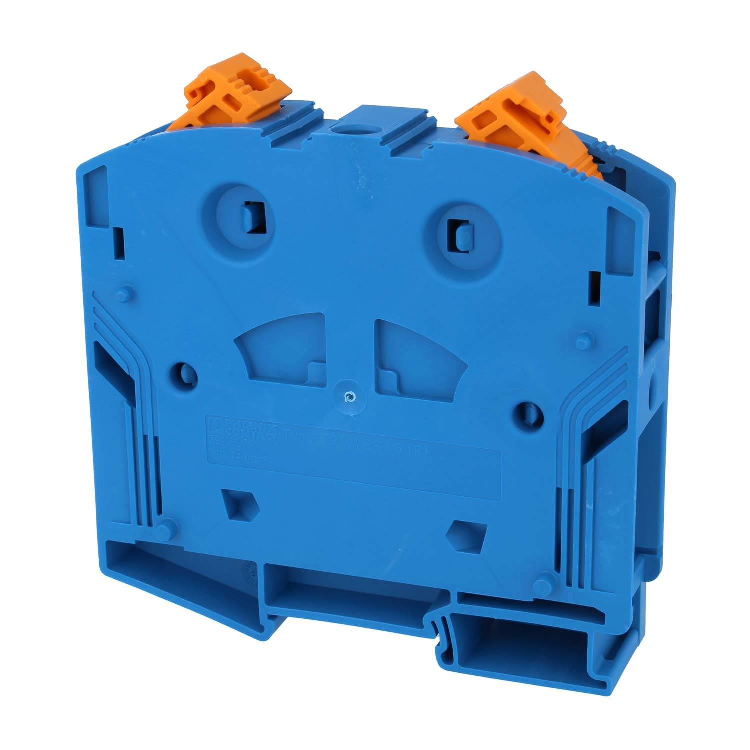 Ein blauer Kunststoff-Elektrosteckverbinder mit orangefarbenen Klammern, entwickelt zum sicheren Verbinden und Befestigen von Elektrokabeln.