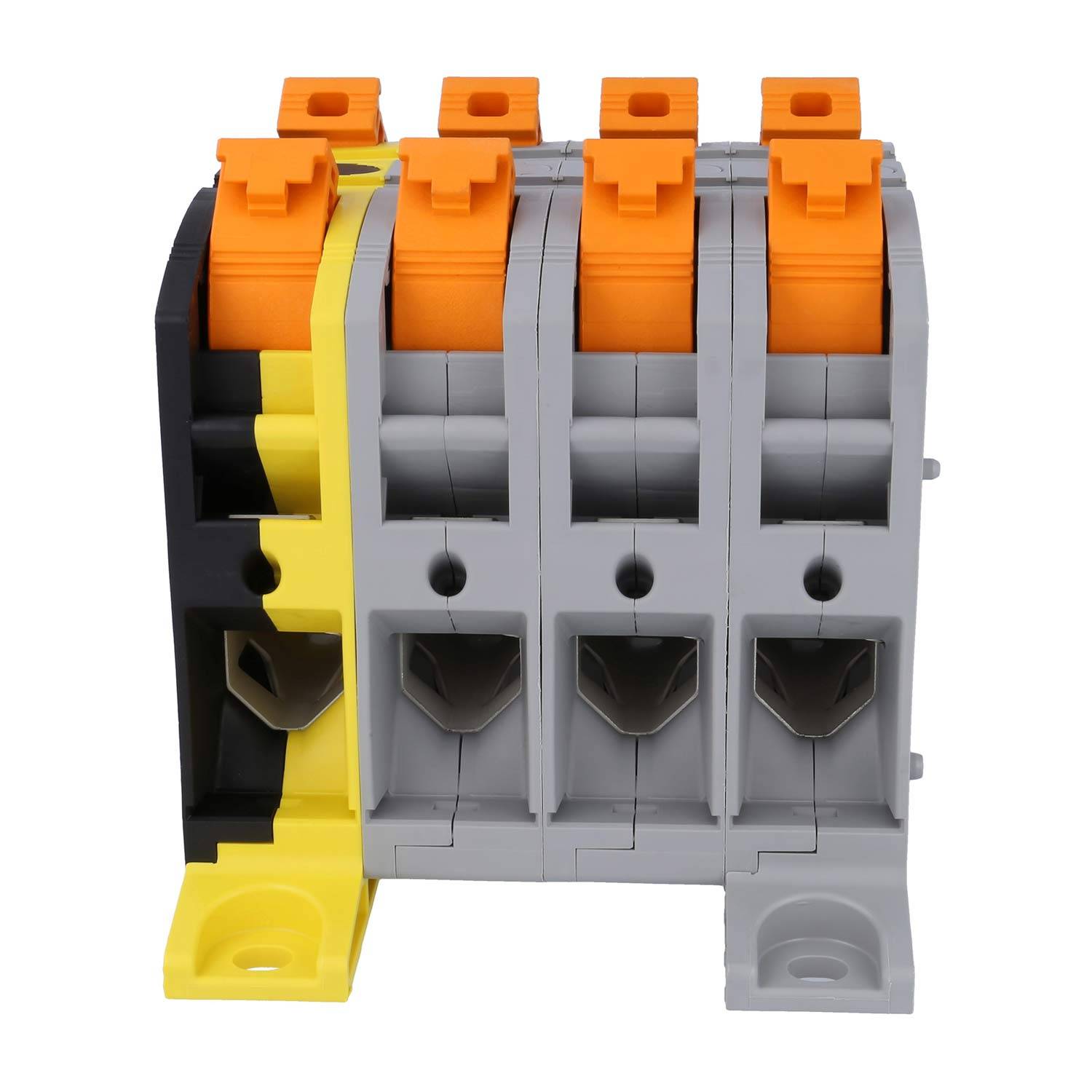 Ein Satz aus vier elektrischen Klemmenblöcken, drei in Grau und einer in Gelb, in einer Reihe angeordnet, verwendet zum Sichern und Organisieren von Drähten.