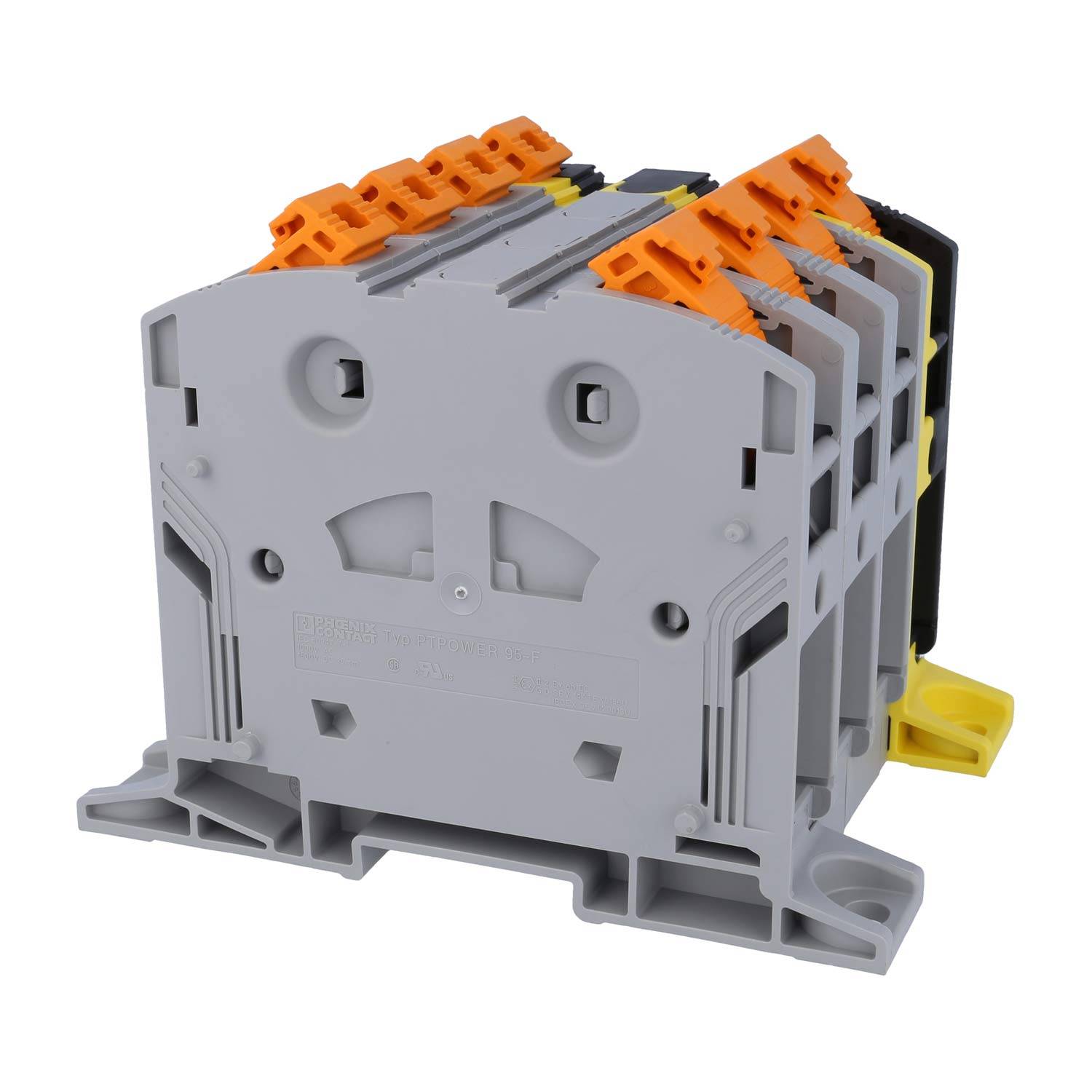 Ein grau-orangefarbener Klemmenblock mit mehreren Anschlusspunkten, der in elektrischen Systemen zum Befestigen und Organisieren von Drähten verwendet wird.