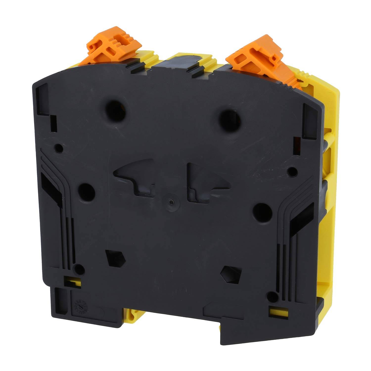 Schwarze und gelbe elektronische Komponente mit zwei orangefarbenen Clips oben, mit mehreren Löchern und vorstehenden Elementen, möglicherweise ein Steckverbinder oder Teil eines Gerätegehäuses.