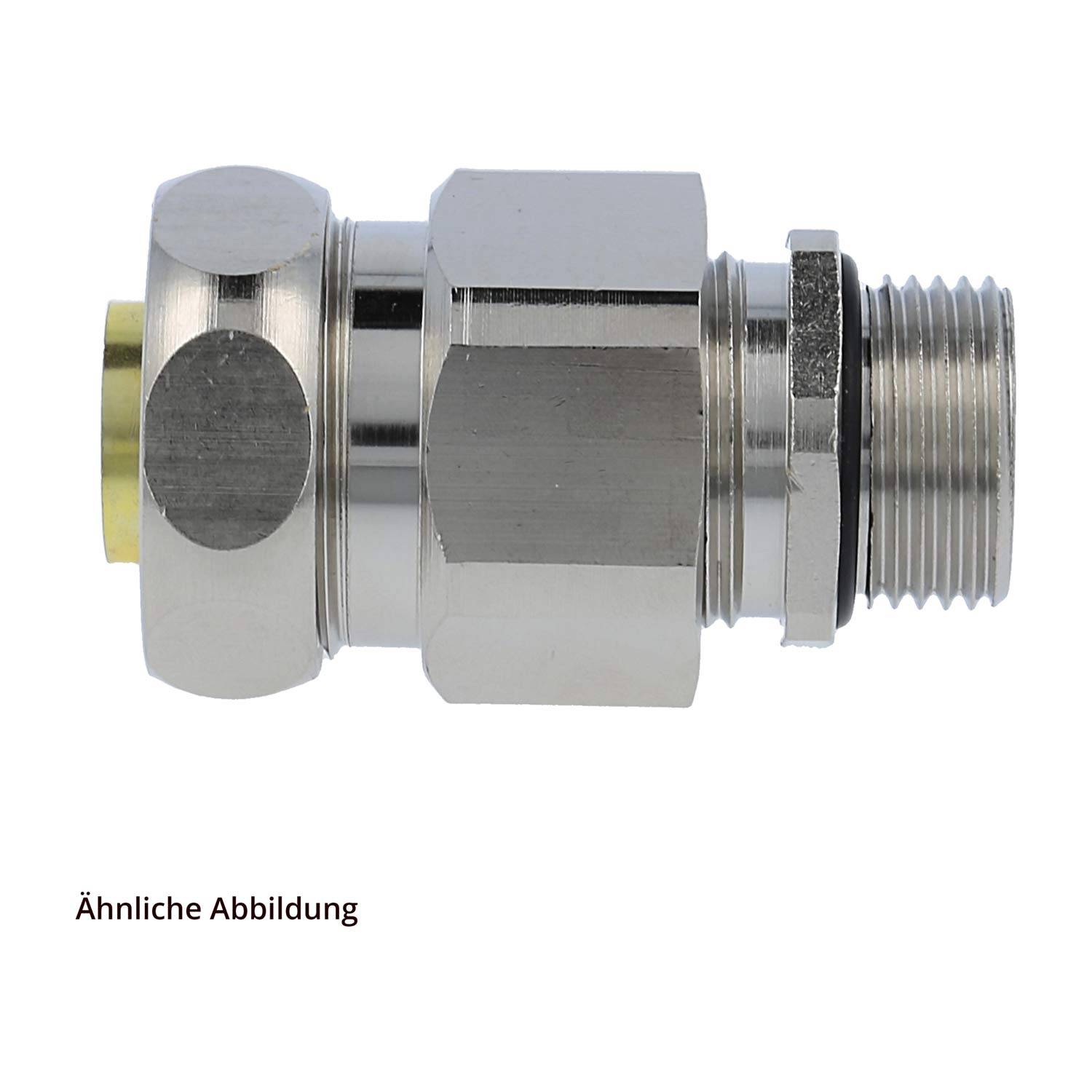 Eine metallische sechseckige Kompressionsverschraubung mit Gewindeende, die zum Verbinden von zwei Rohr- oder Schlauchsegmenten verwendet wird.