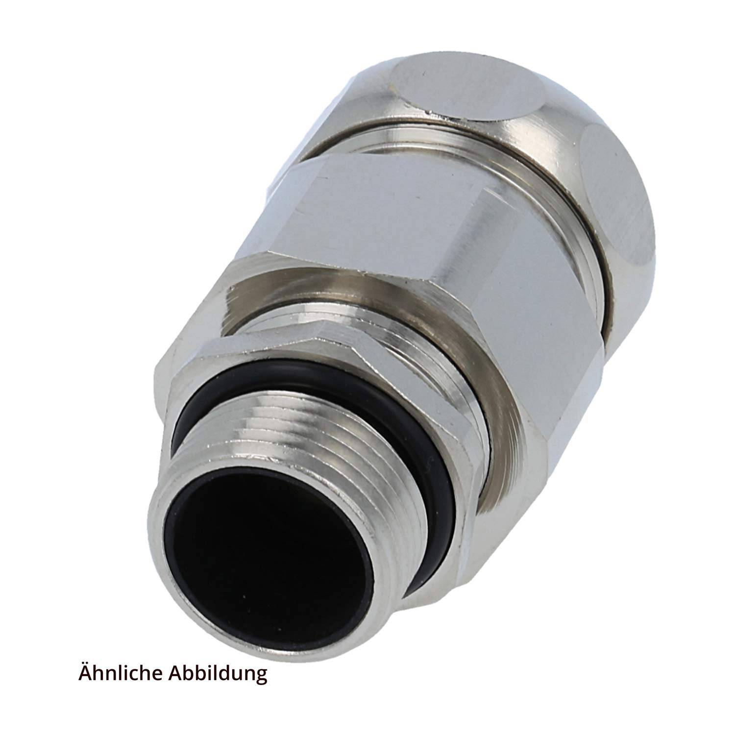 Metallkabeleinführung mit Gewinde-Ende, die zum Befestigen und Schützen von Kabeln verwendet wird, während diese durch ein Gehäuse führen. Text lautet „Ähnliche Abbildung