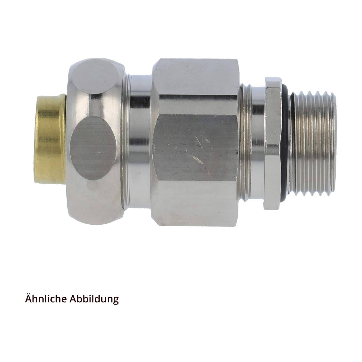 Silberne Metallfassung mit sechseckigem Körper, gewindeter Endung und glatter Anschlussspitze vor einem schlichten weißen Hintergrund.