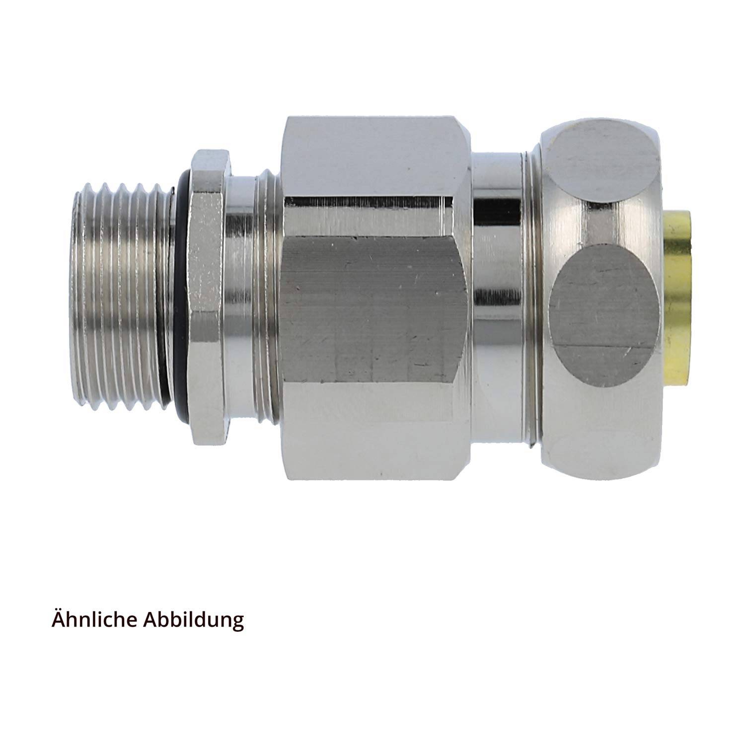Metallischer Gewindeanschluss mit sechseckigem Körper und gerillter Spitze für eine sichere Befestigung. Scheint für industrielle oder sanitäre Anwendungen geeignet zu sein.