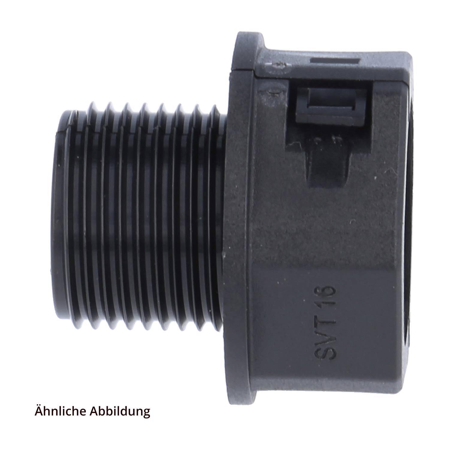 Schwarzer Industriestecker mit Gewindeoberfläche und Seitenverschluss, Modell 'SVT16', vor weißem Hintergrund dargestellt.