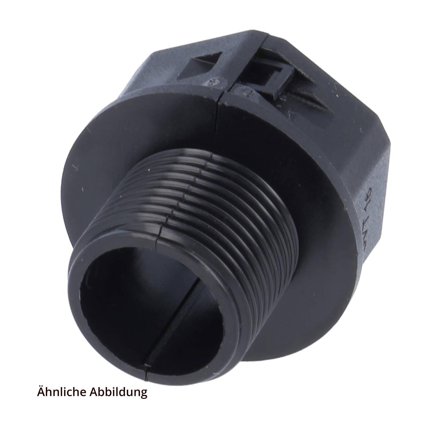 Ein zylindrischer schwarzer Kunststoffadapter mit Gewindeöffnung, bestimmt für elektrische oder sanitäre Anwendungen, vor weißem Hintergrund abgebildet.