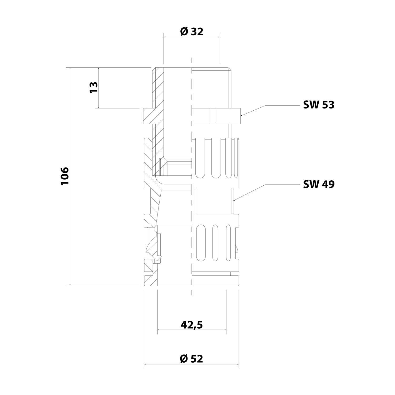 Technische Zeichnung einer zylindrischen Komponente mit folgenden Abmessungen: Durchmesser 32mm und 52mm, Länge 106mm, und zwei Bereiche mit den Bezeichnungen 